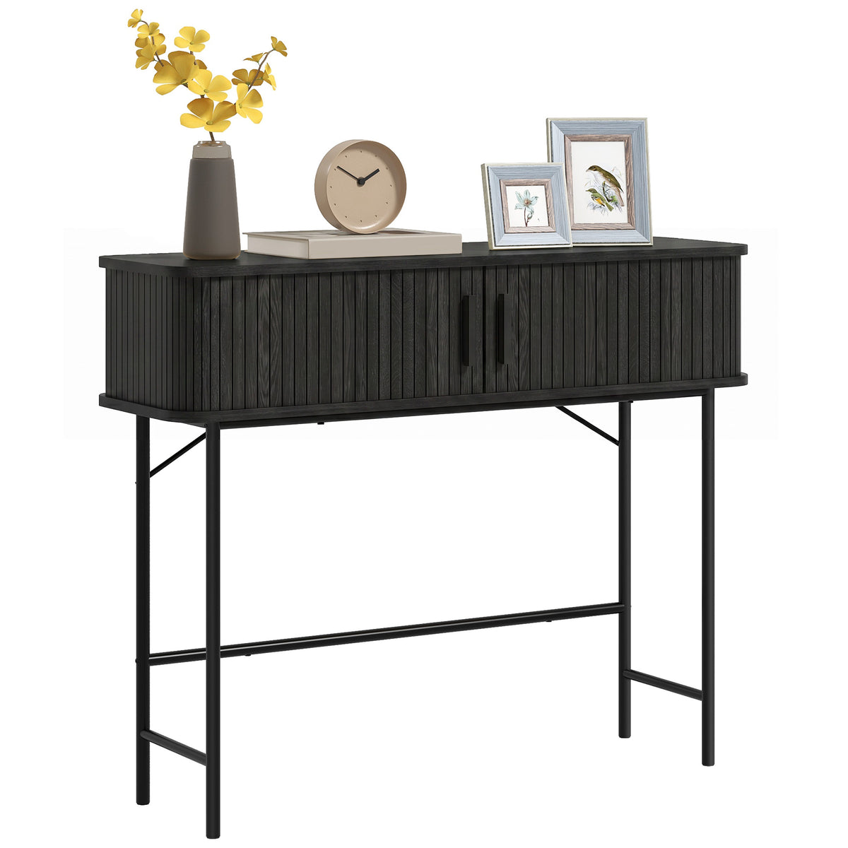 Mid-Century Entryway Console Table with Storage Compartments, Black