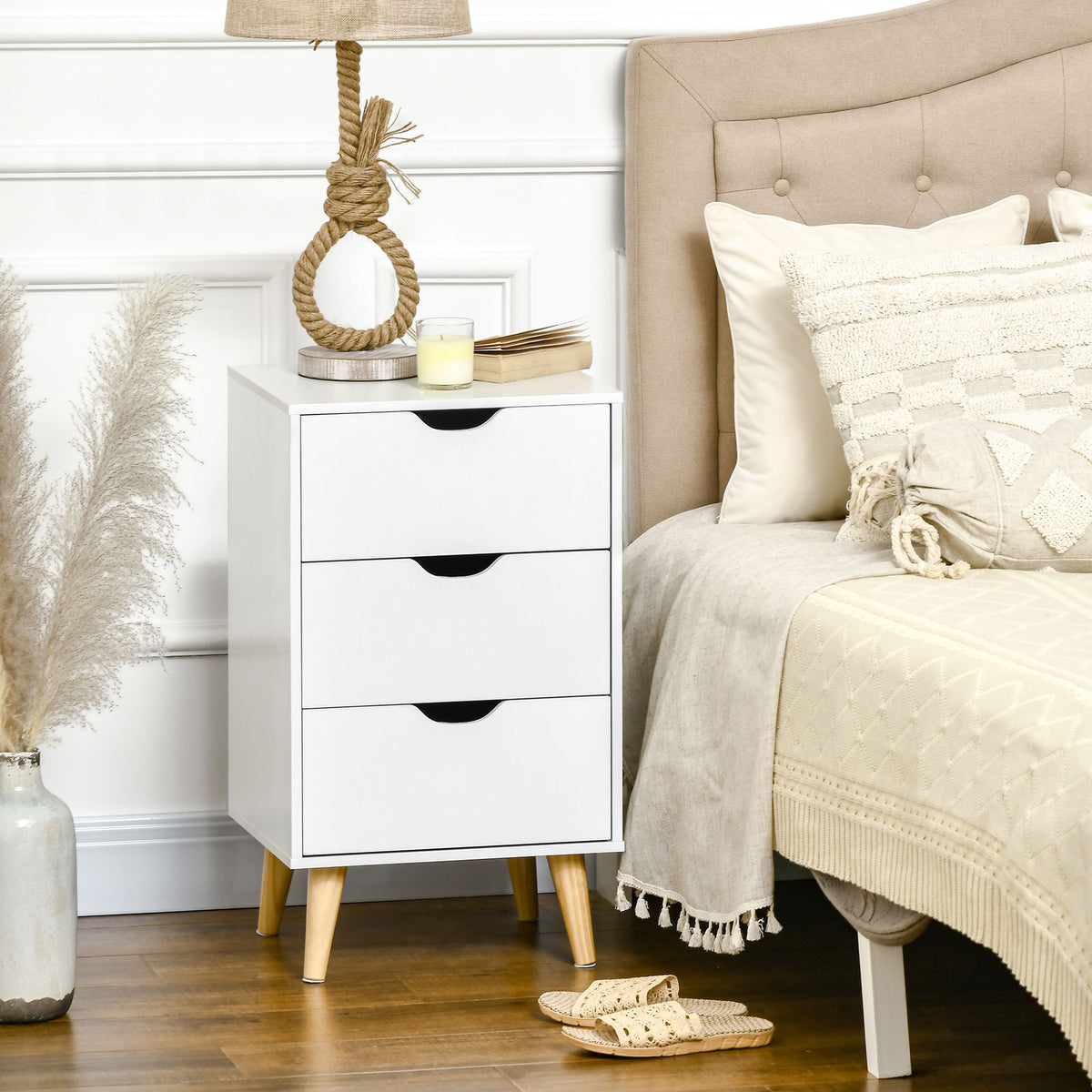 3-Drawer Nightstand with Wood Legs – 16"W x 27"H