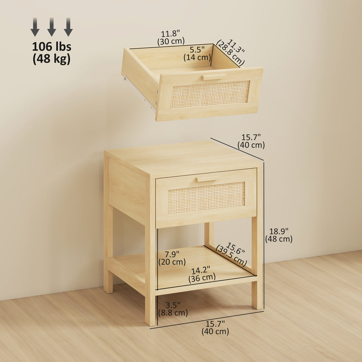 Narrow Rattan Nightstands with Drawer and Shelf, Set of 2 – 16"W x 19"H