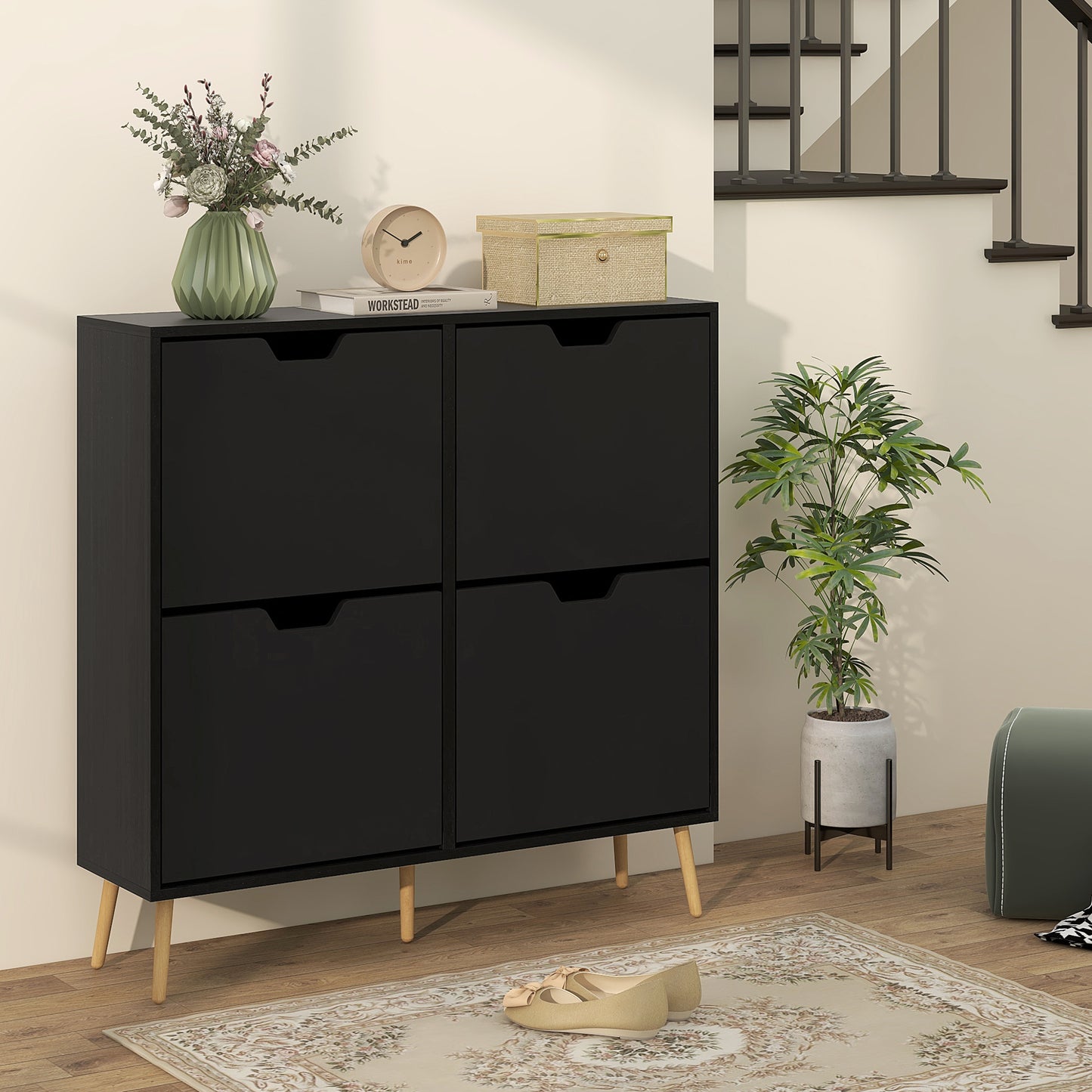 HOMCOM Modern Black Shoe Cabinet, 4 Flip Drawers, Adjustable 16-Pair Storage