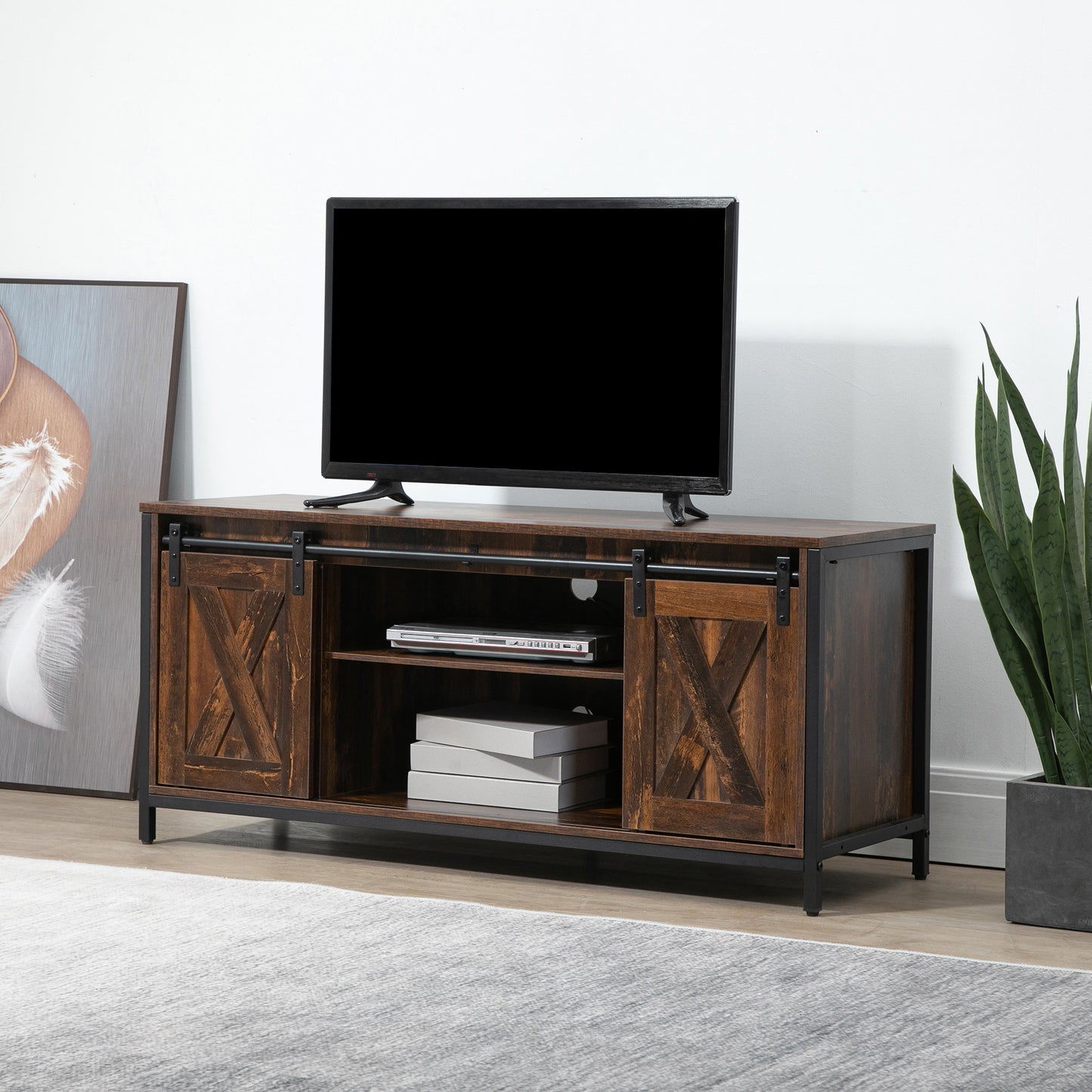HOMCOM Industrial TV Stand for 60-inch TVs, Sliding Barn Doors & Storage, Brown