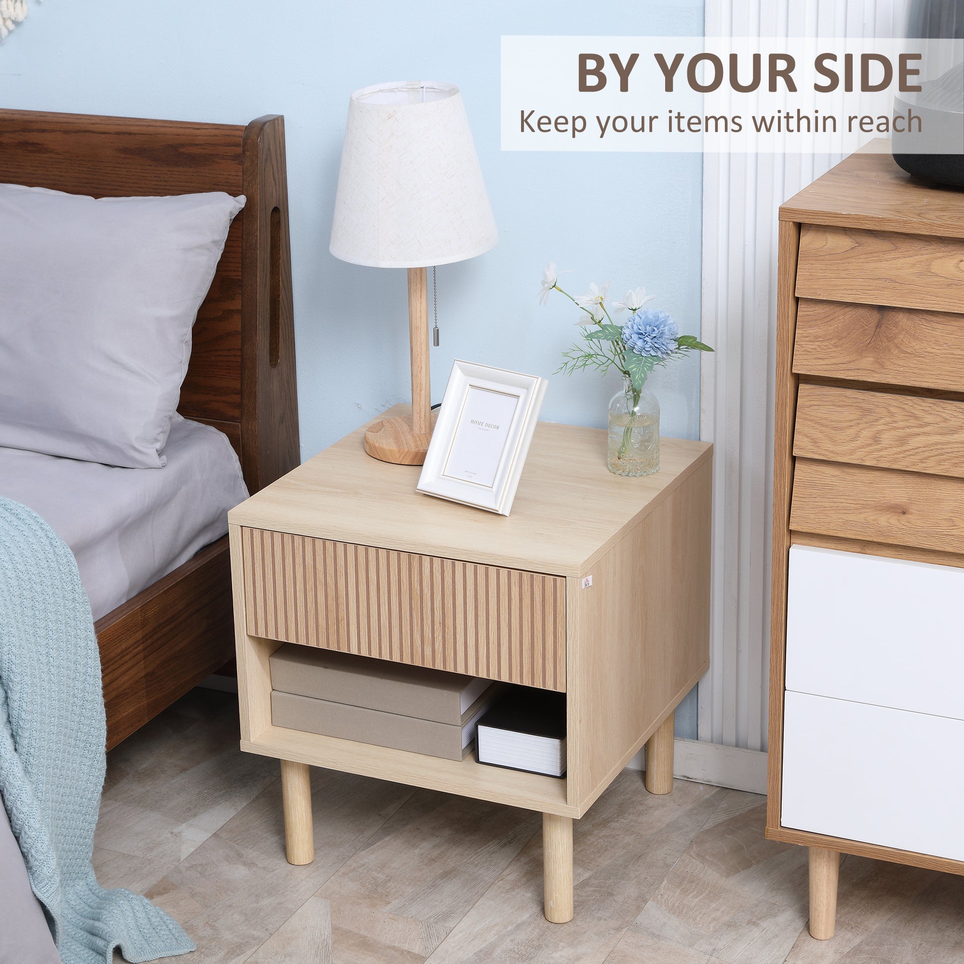 HOMCOM Modern Natural Wood Bedside Table with Drawer, Open Shelf Storage