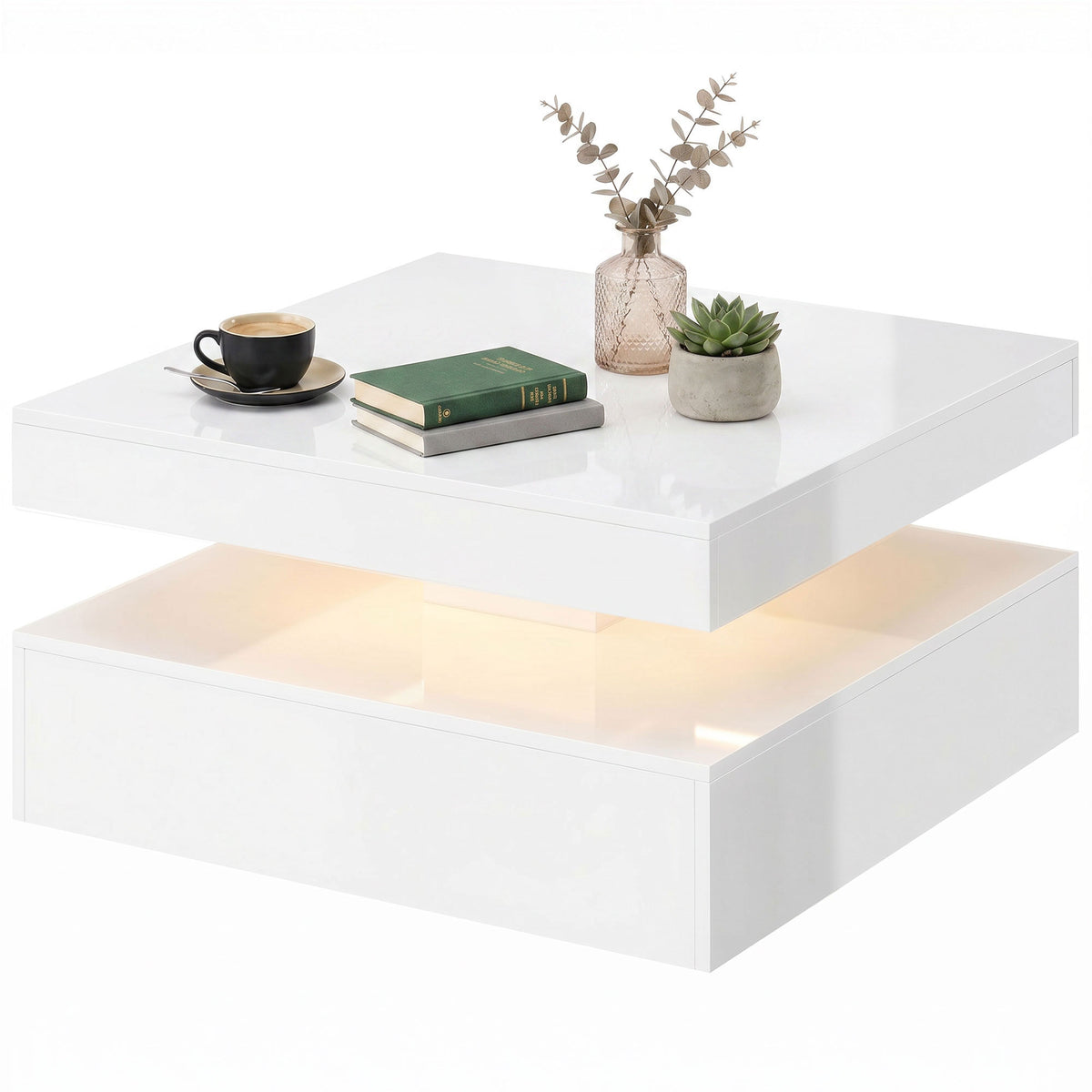 Square LED Coffee Table with 2-Tier Open Storage, High Gloss White