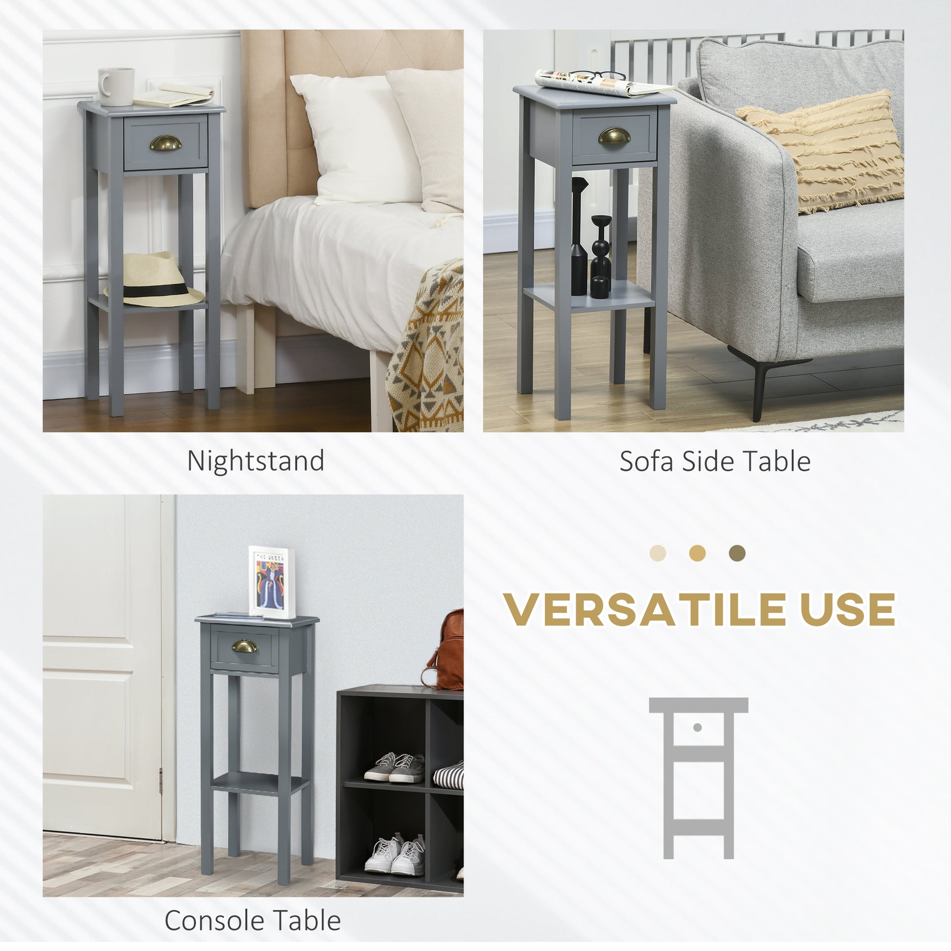 HOMCOM Set of 2 Slim Grey Wooden Nightstands with Drawer and Shelf