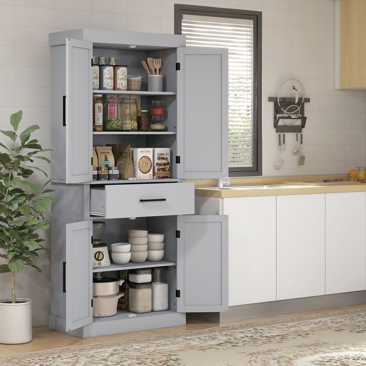 Farmhouse Kitchen Pantry Cabinet with 4 Barn Doors – 30"W x 72"H