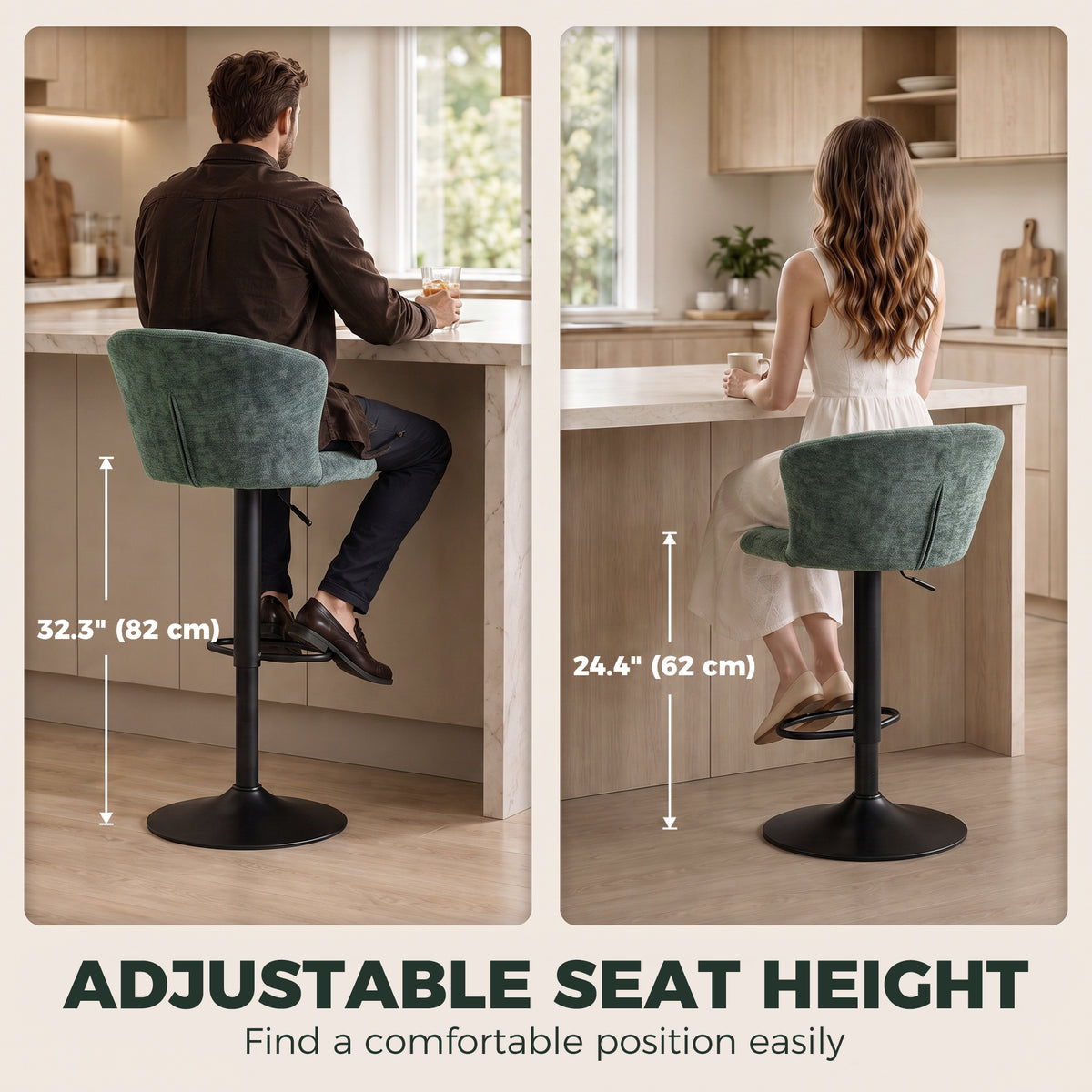 Chenille Adjustable Swivel Bar Stools with Back and Footrest, Set of 2, Dark Green