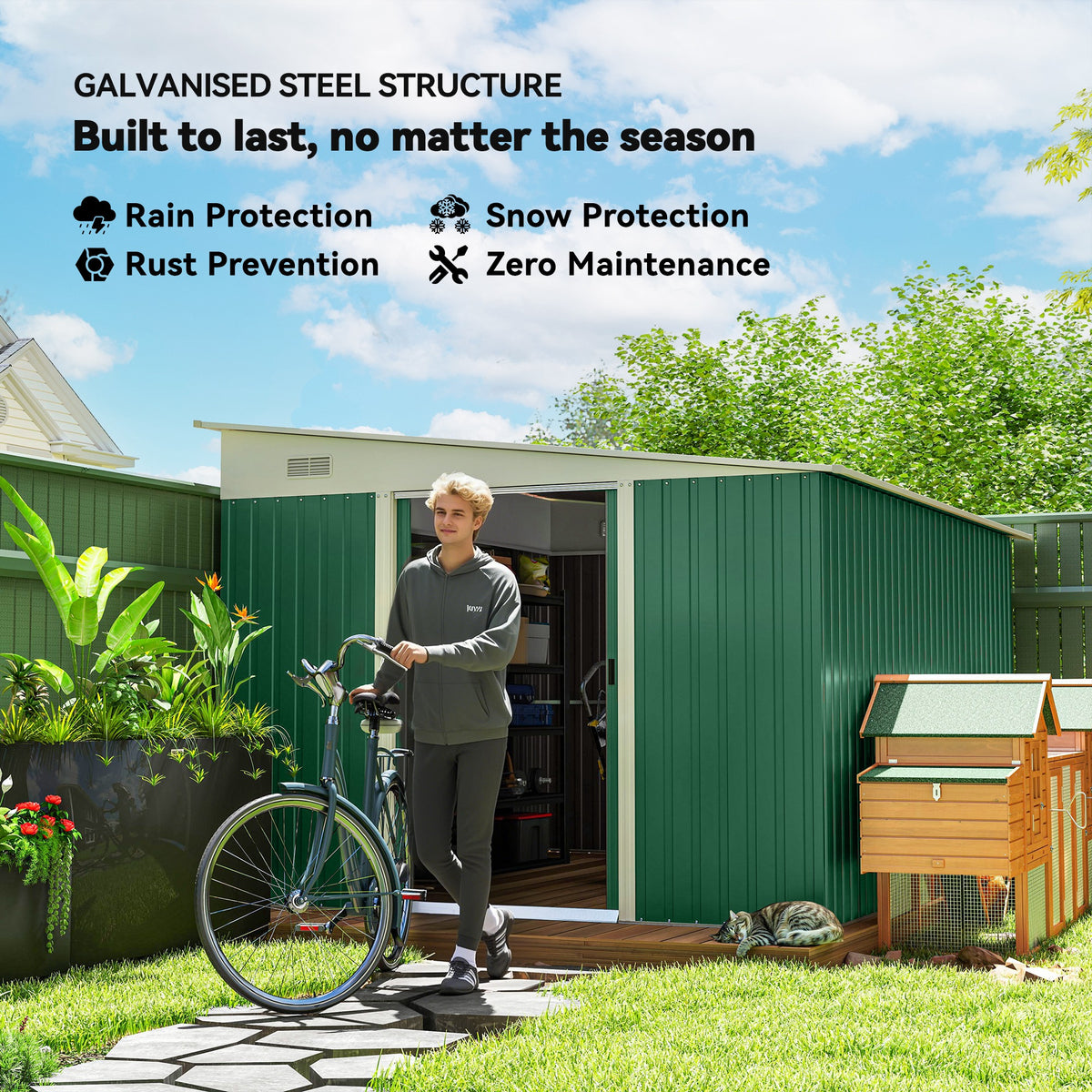 11' x 9' Steel Garden Storage Shed, Outdoor Metal Tool House with Double Sliding Doors – Green