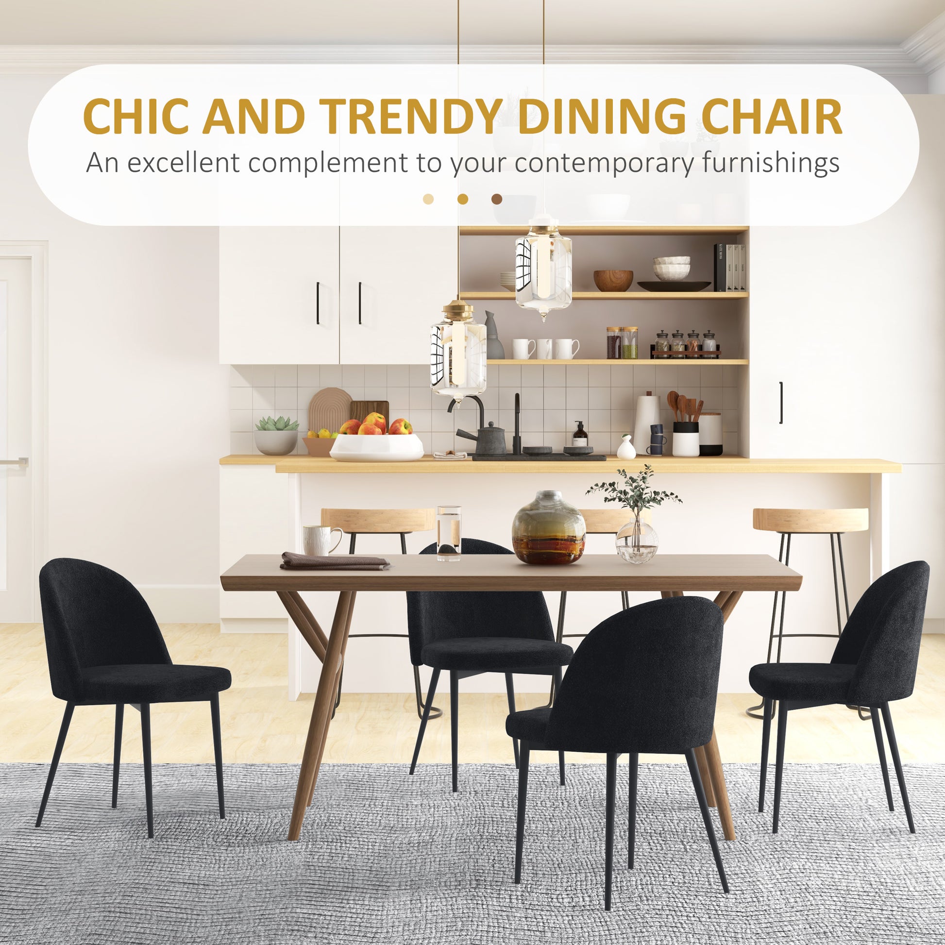 Modern Velvet Mid-Back Dining Chairs Set of 4, Black Upholstery, Sturdy Metal Legs