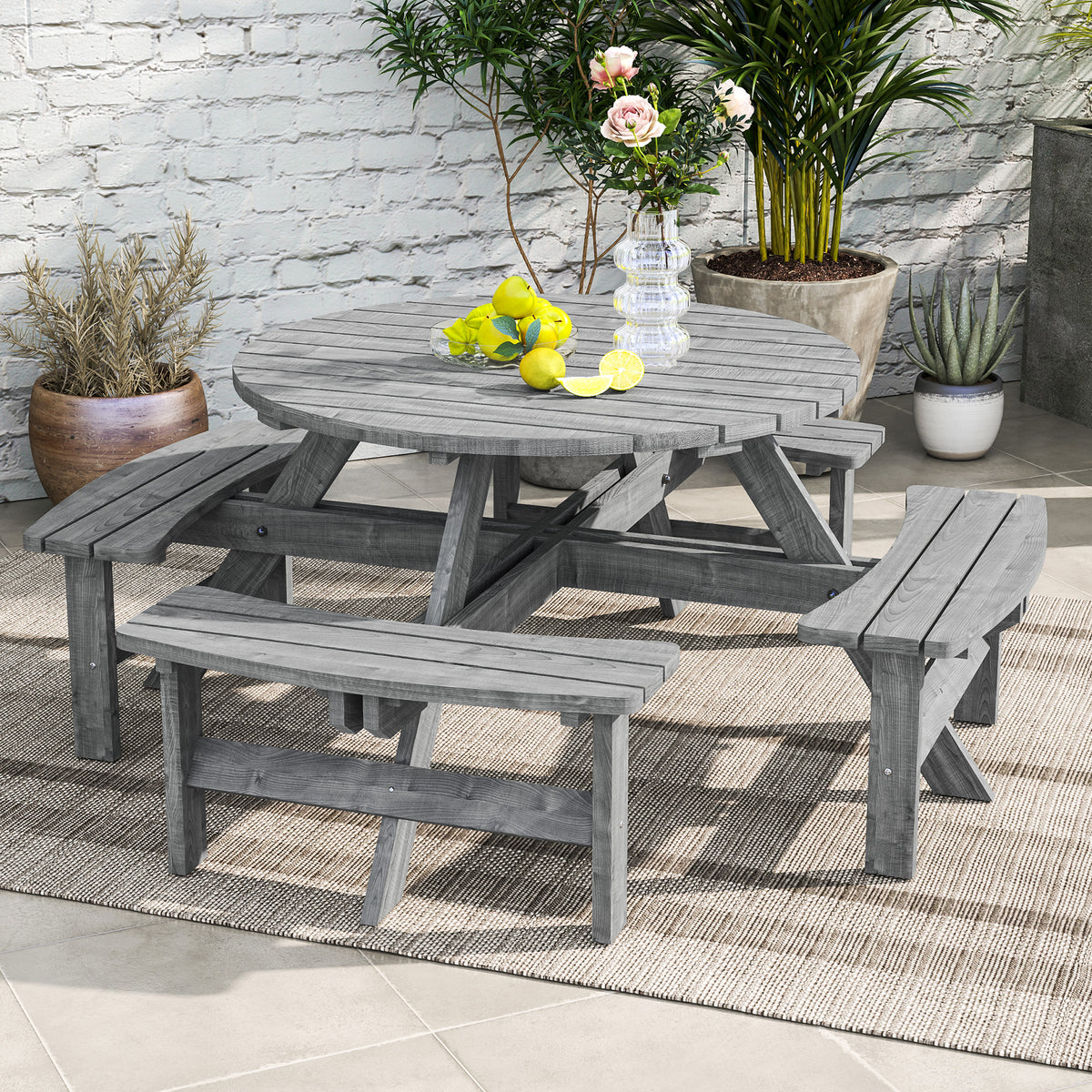 8 Seater Round Wooden Pub Bench & Picnic Table, Patio Dining Set for Outdoor Patio (Umbrella Not Included) – Grey
