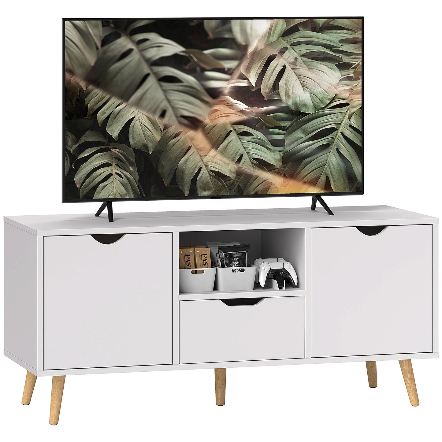 HOMCOM Modern White TV Stand with Open Shelf, Drawer & Cabinets for 50-inch TVs