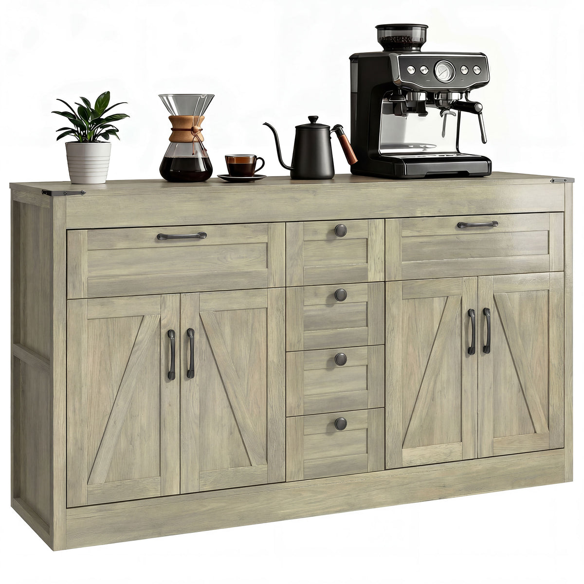Farmhouse Kitchen Cabinet with 4 Barn Doors – 55"W x 32"H