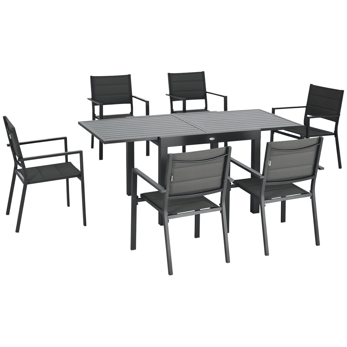 Patio Dining Set for 6, Aluminum Expandable Outdoor Table and 6 Stackable Chairs with Padded Back, Mesh Seat – Dark Grey