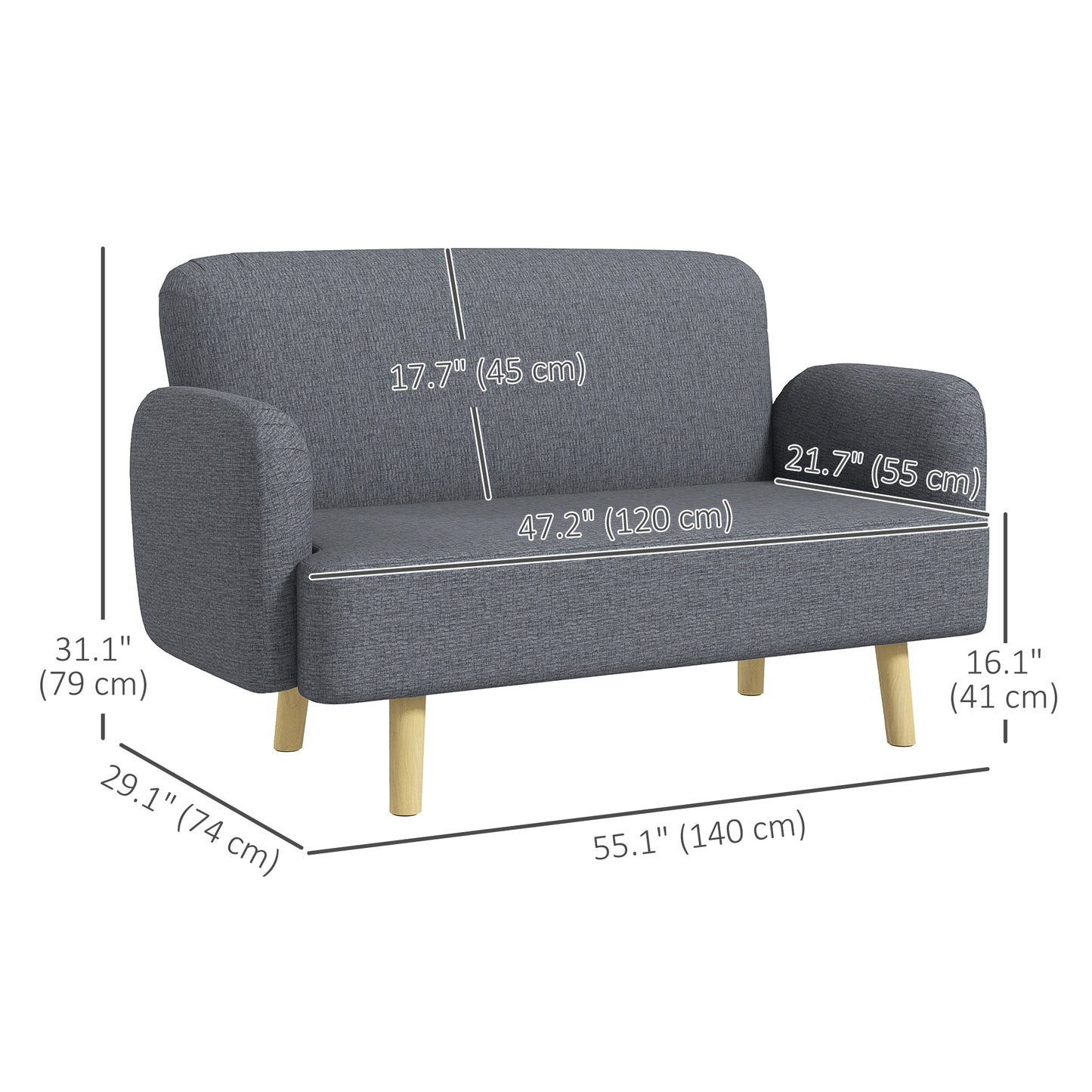HOMCOM Grey Velvet 2-Seater Loveseat, Thick Padded Small Sofa with Wood Legs
