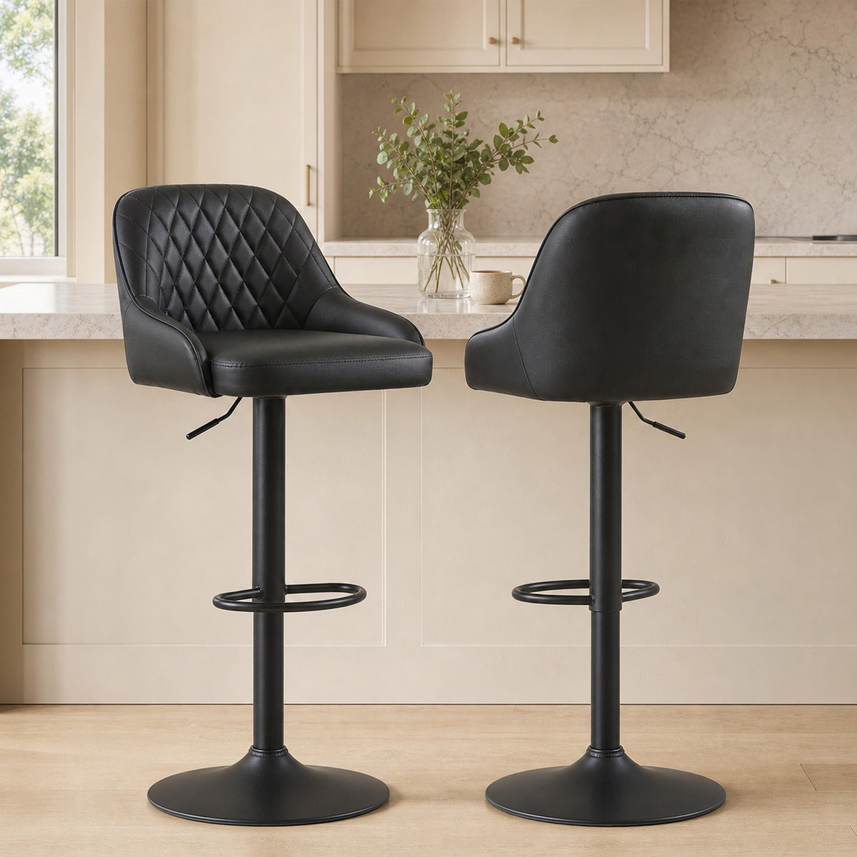 Diamond-Quilted Adjustable Swivel Kitchen Bar Stools with Backrest, Set of 2, Black