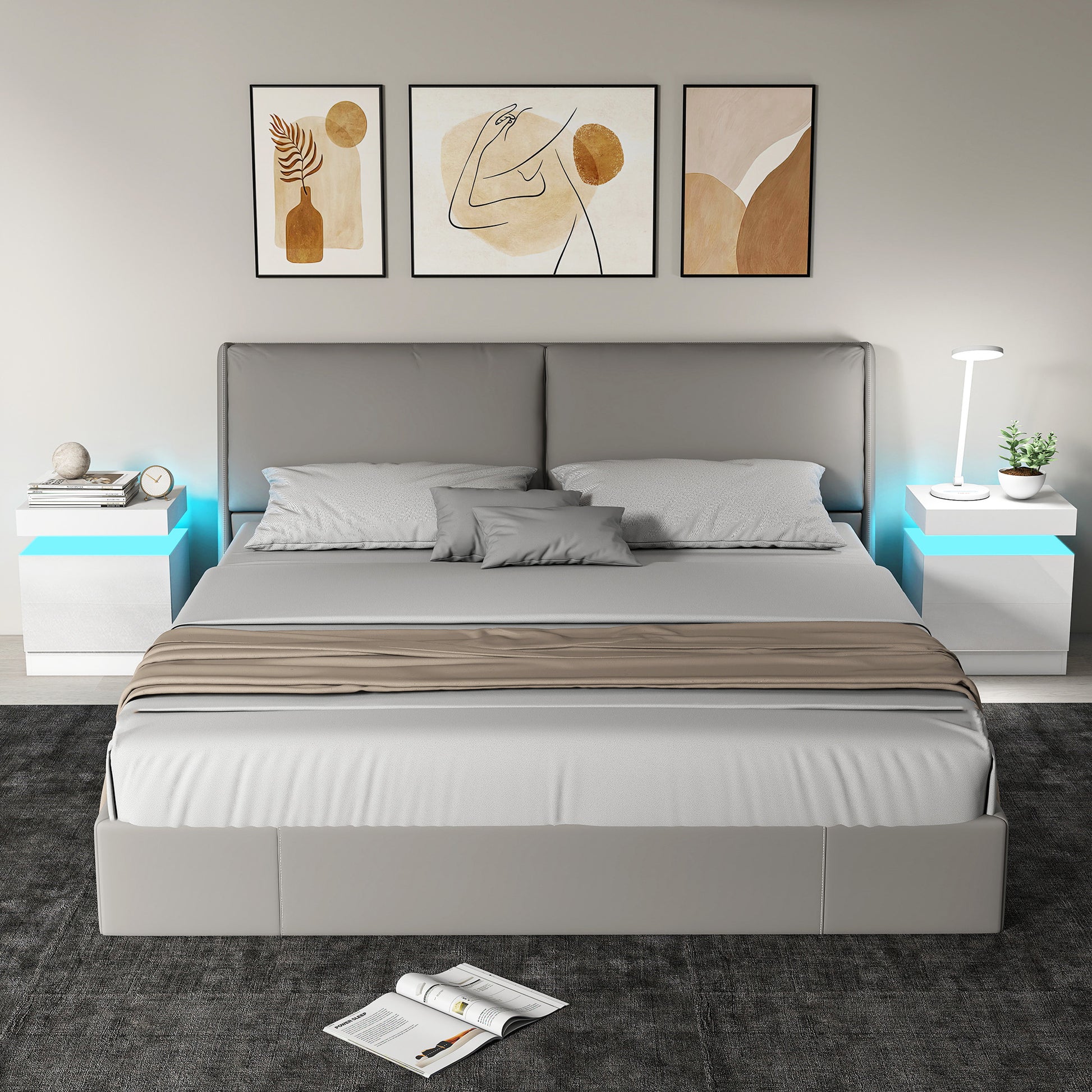 Modern Set of 2 HOMCOM LED Nightstands with 2 Drawers, White Bedside Tables