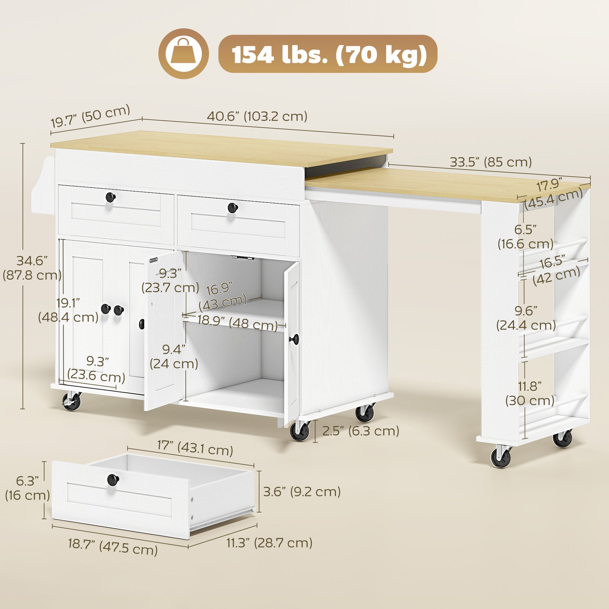 HOMCOM Kitchen Island with Expandable Sliding Top, Rolling Cart White