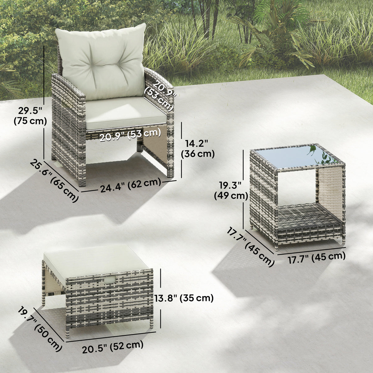 5 Piece Patio Furniture Set, Wicker Patio Chairs with Ottomans, 2-Tier Glass Coffee Table and Cushions, Grey/Dark – White