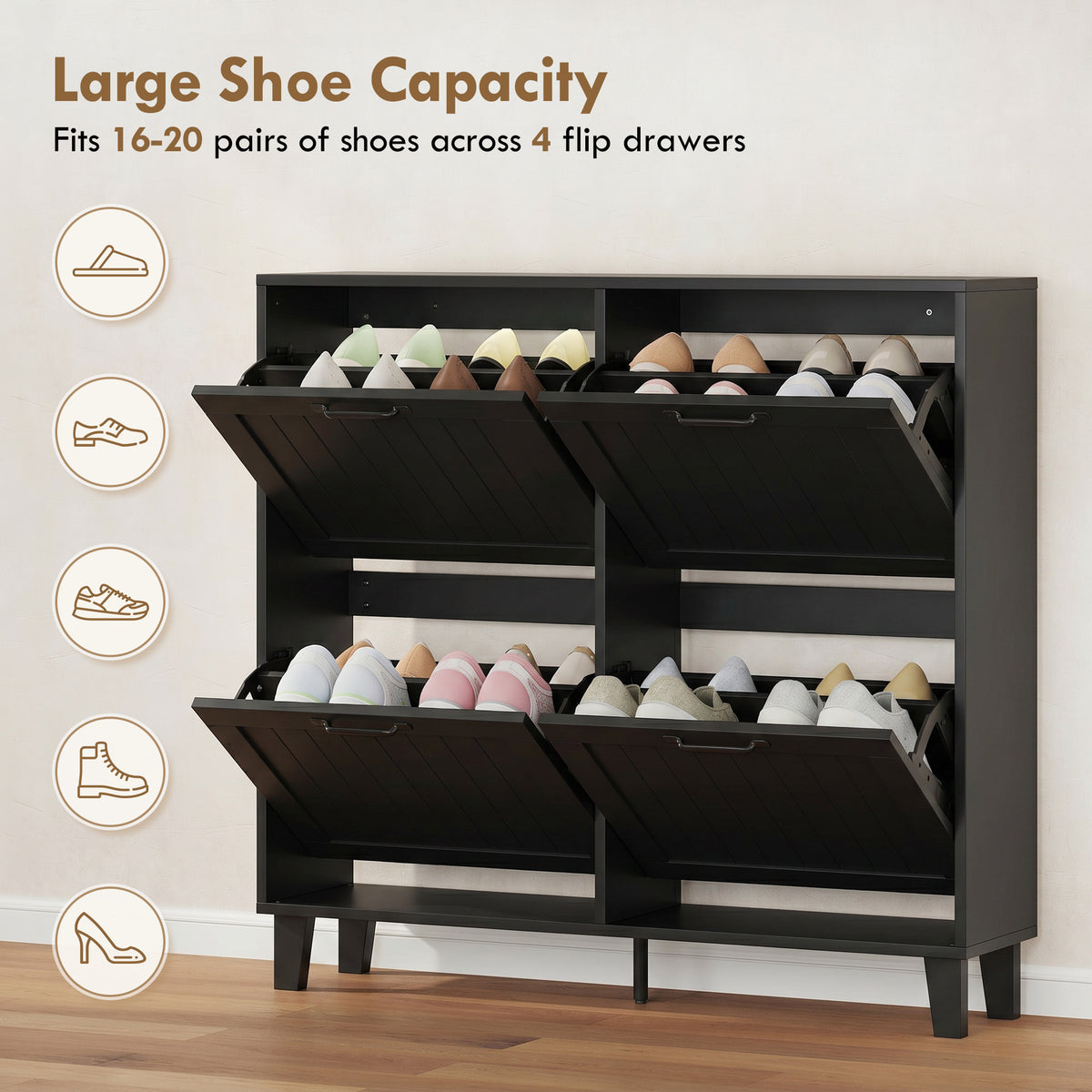 Shoe Cabinet with 4 Flip Drawers – 39"W x 37"H