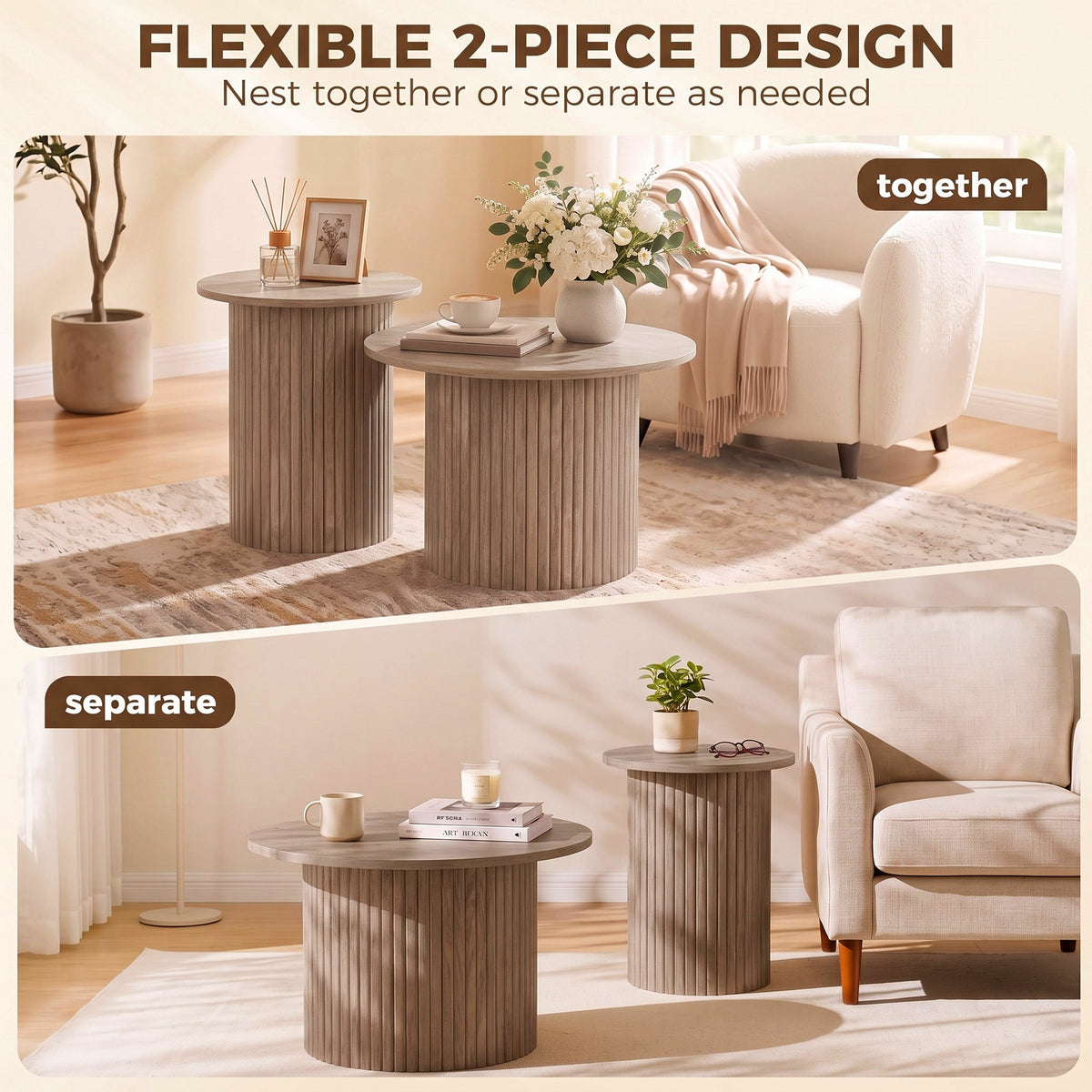 HOMCOM Round Nesting Coffee Table Set of 2, Fluted Mid Century Modern Circle Side Tables, Weathered Coffee Wood Grain