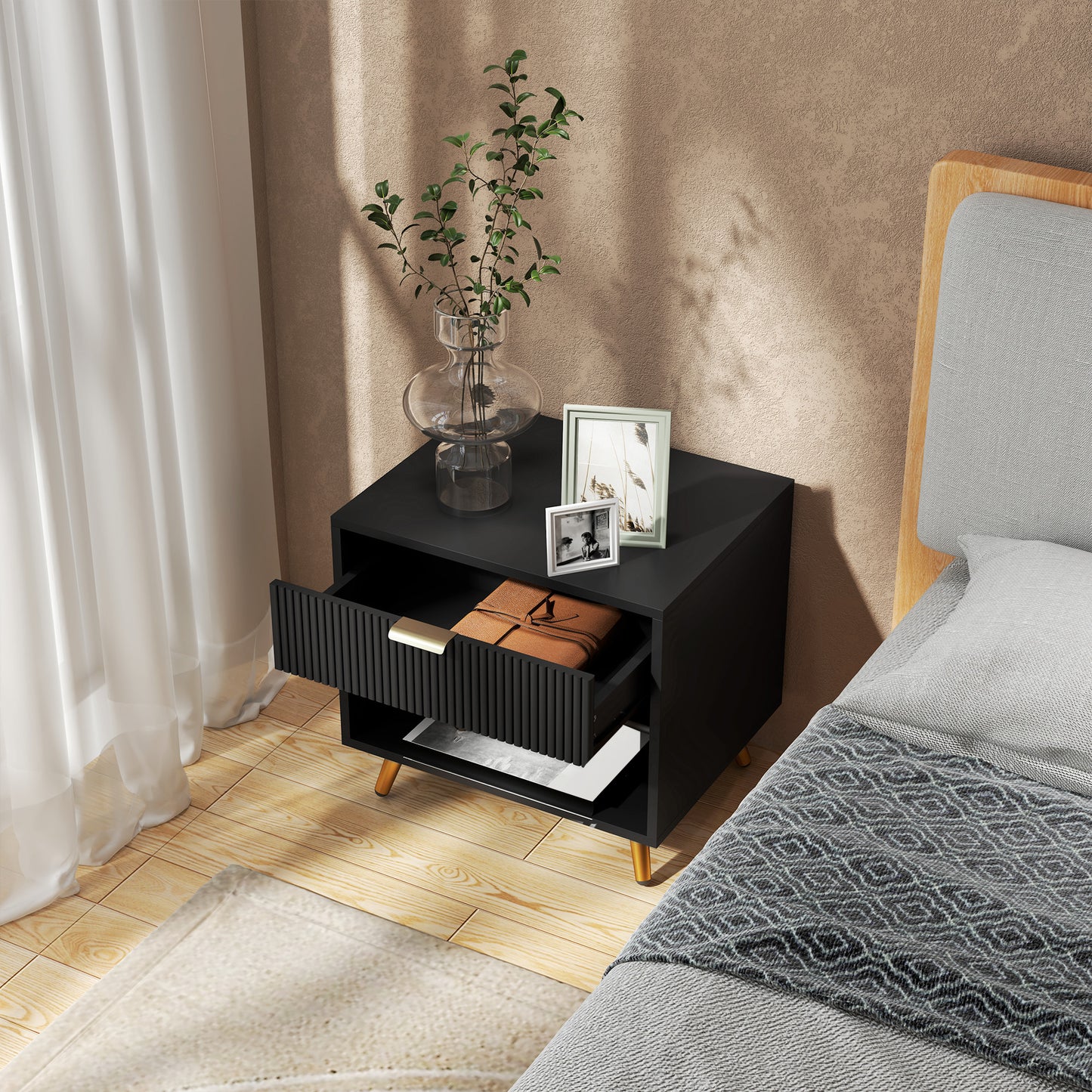 HOMCOM Modern Black Nightstand with Fluted Panel, Drawer & Open Storage for Bedroom