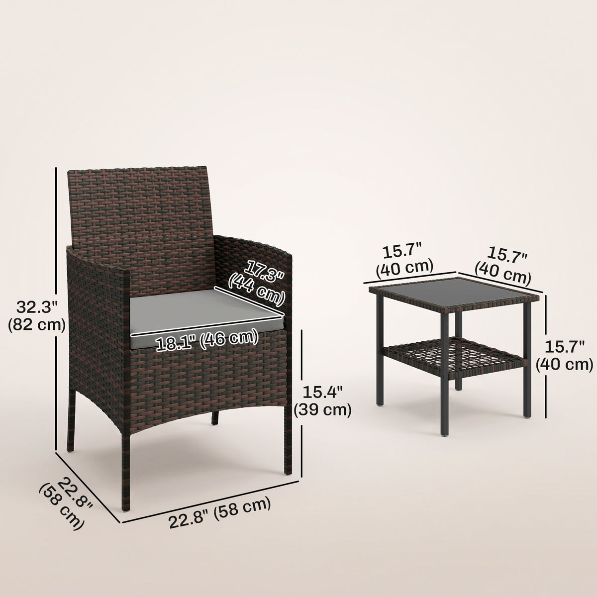 Wicker Bistro Set, 3 Piece Patio Furniture Set with 2-Tier Glass Top Table, Cushions for Balcony, Porch
