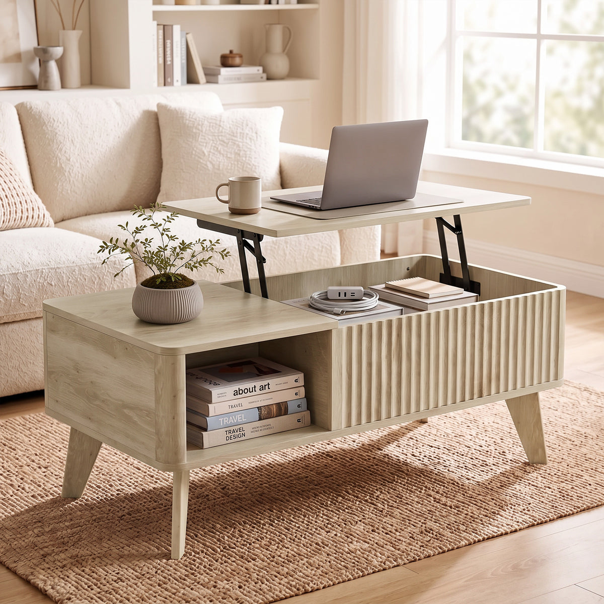 40" Fluted Lift Top Coffee Table with Storage, Mid-Century Coffee Table with Hidden Compartment, Open Shelf, Walnut