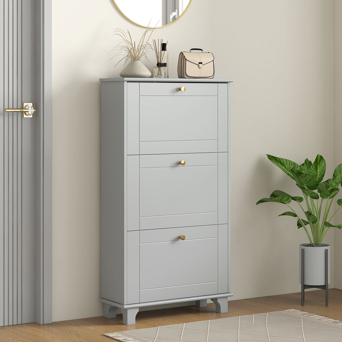 Narrow Shoe Storage with 3 Flip Drawers and Adjustable Shelves – 24"W x 49"H