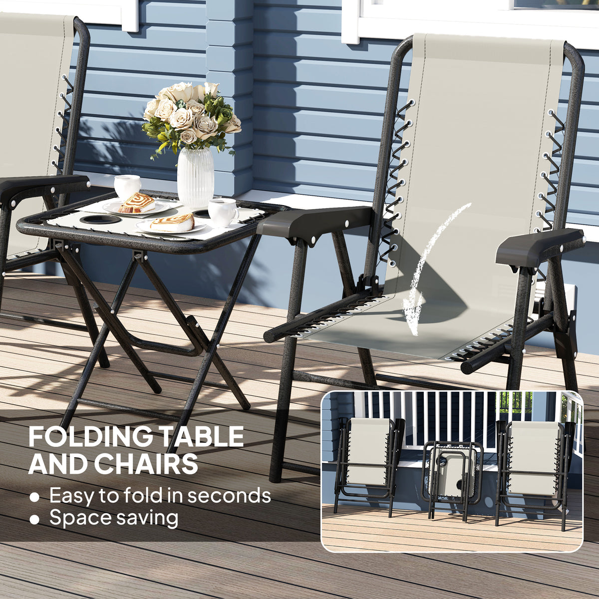 3 Pieces Patio Bistro Set, Outdoor Folding Table and Chairs Set, Metal Patio Furniture Set with Cup Holders – Dark Grey, Black