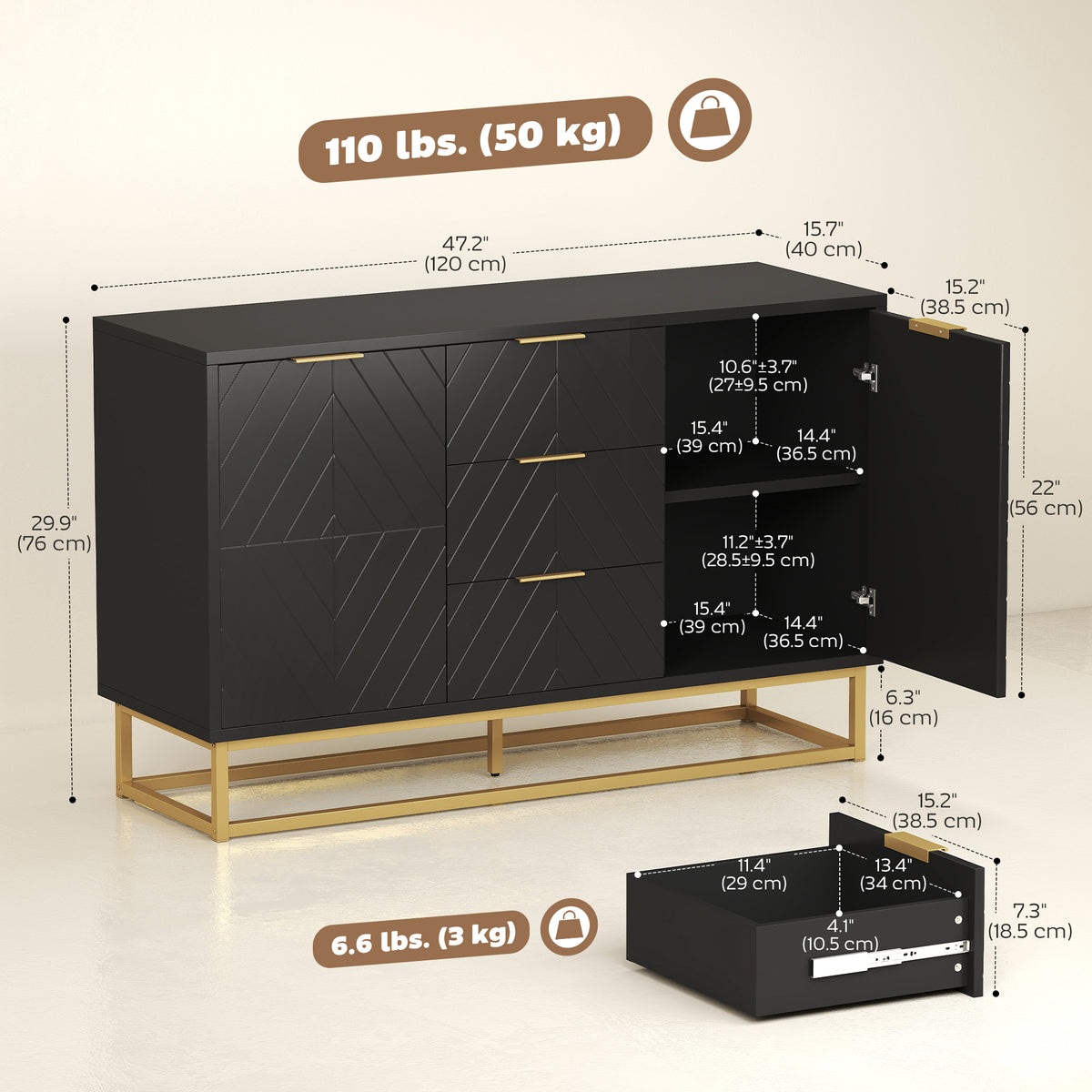 Sideboard Storage Cabinet with 3 Drawers – 47"W x 30"H