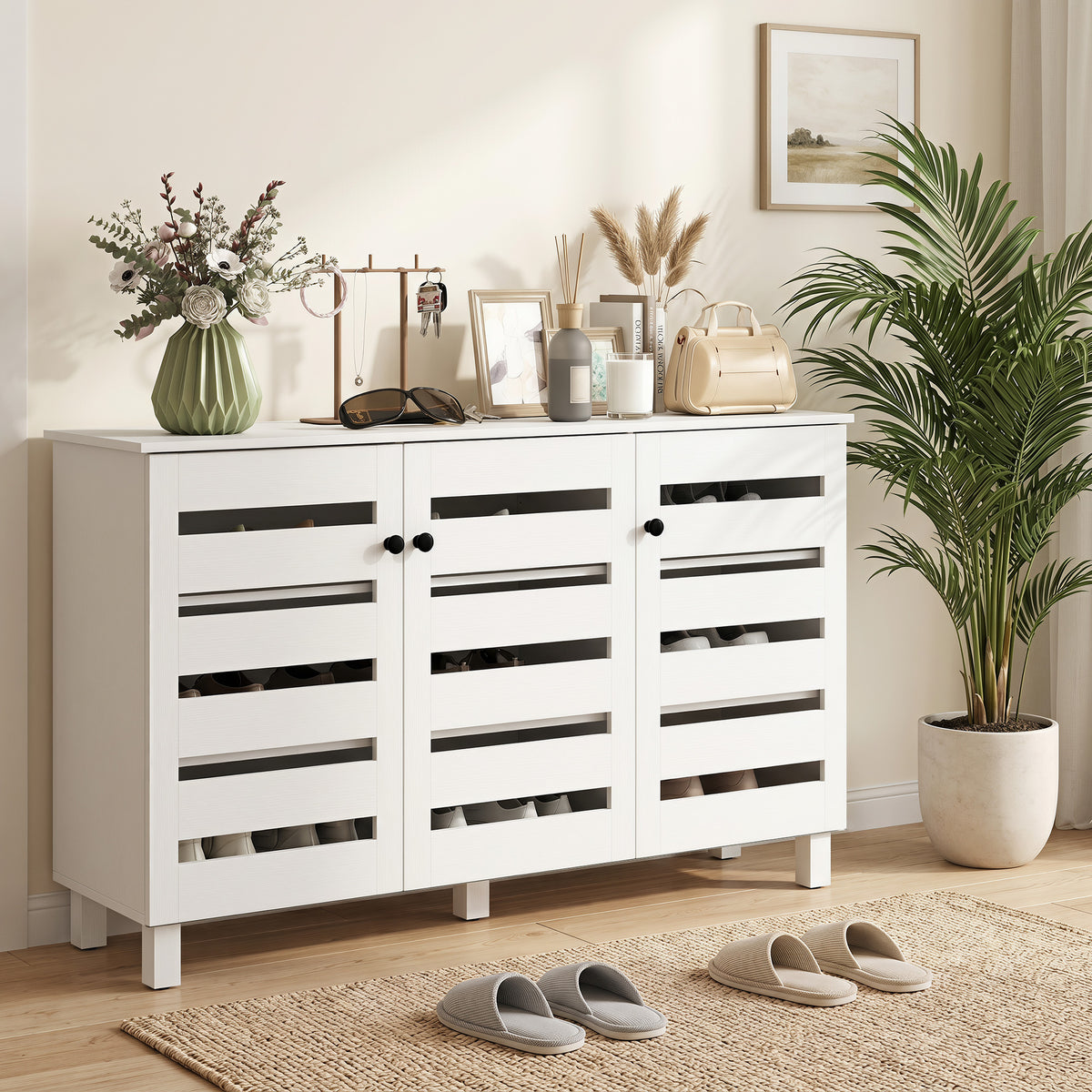 Shoe Cabinet with 3 Slatted Doors – 44"W x 26"H