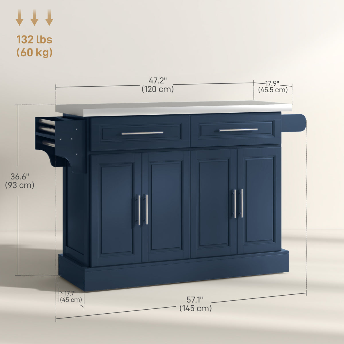 Rolling Kitchen Island with Stainless Steel Top – 57"W x 37"H