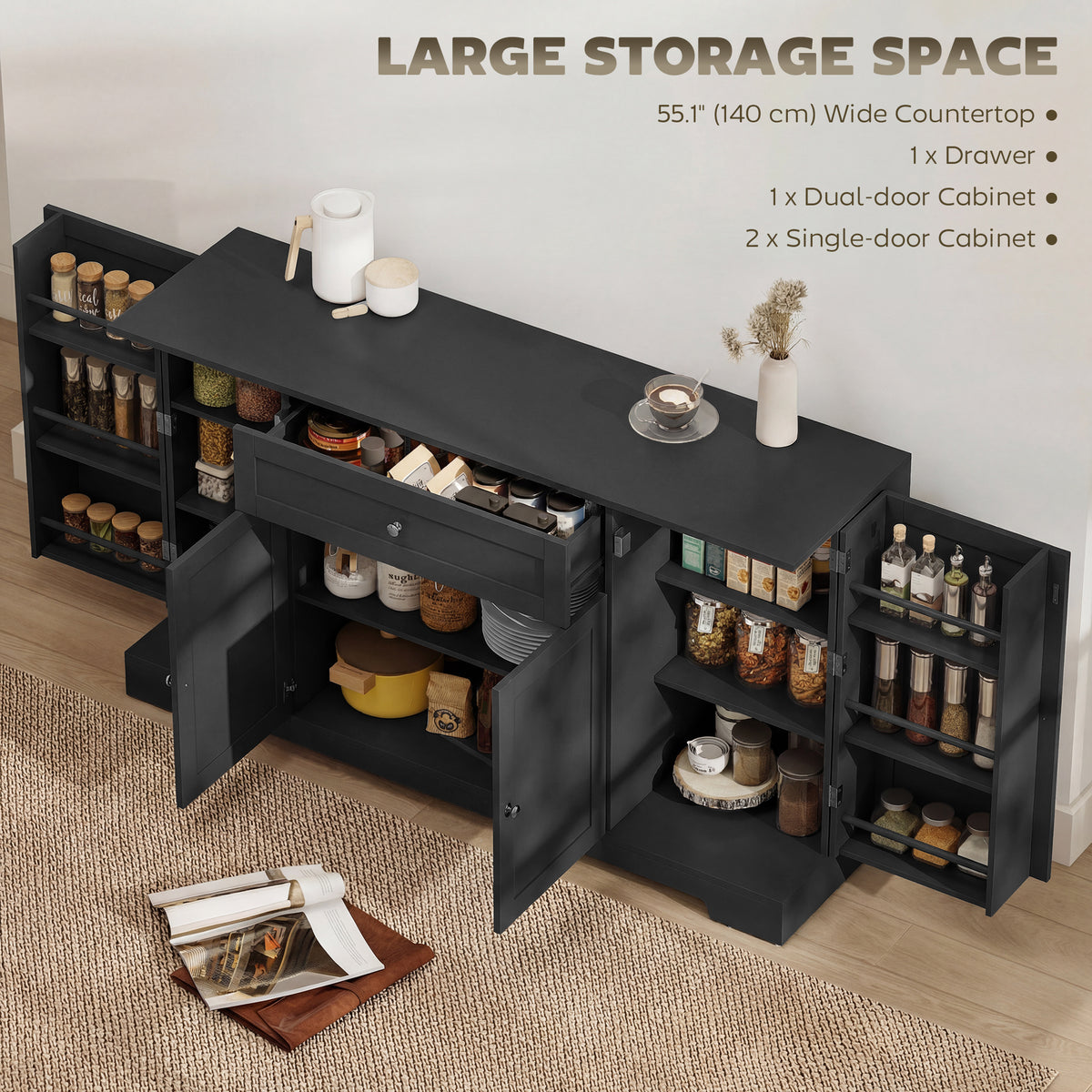 Modern Kitchen Storage Cabinet with Drawer – 55"W x 31"H