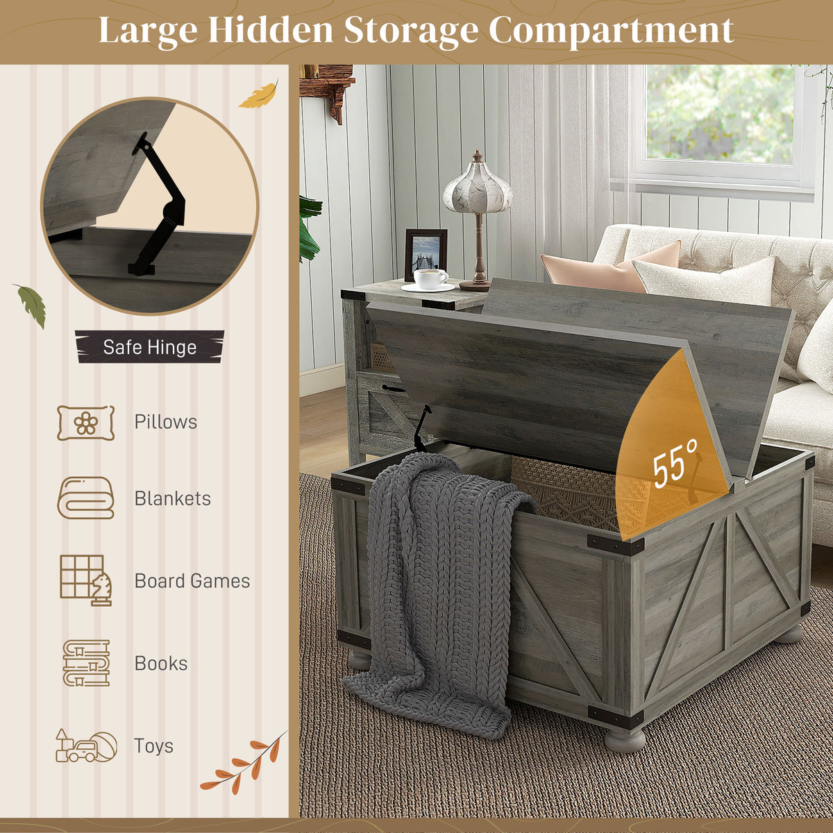 Farmhouse Square Coffee Table with Flip-Top Lids and Hidden Storage