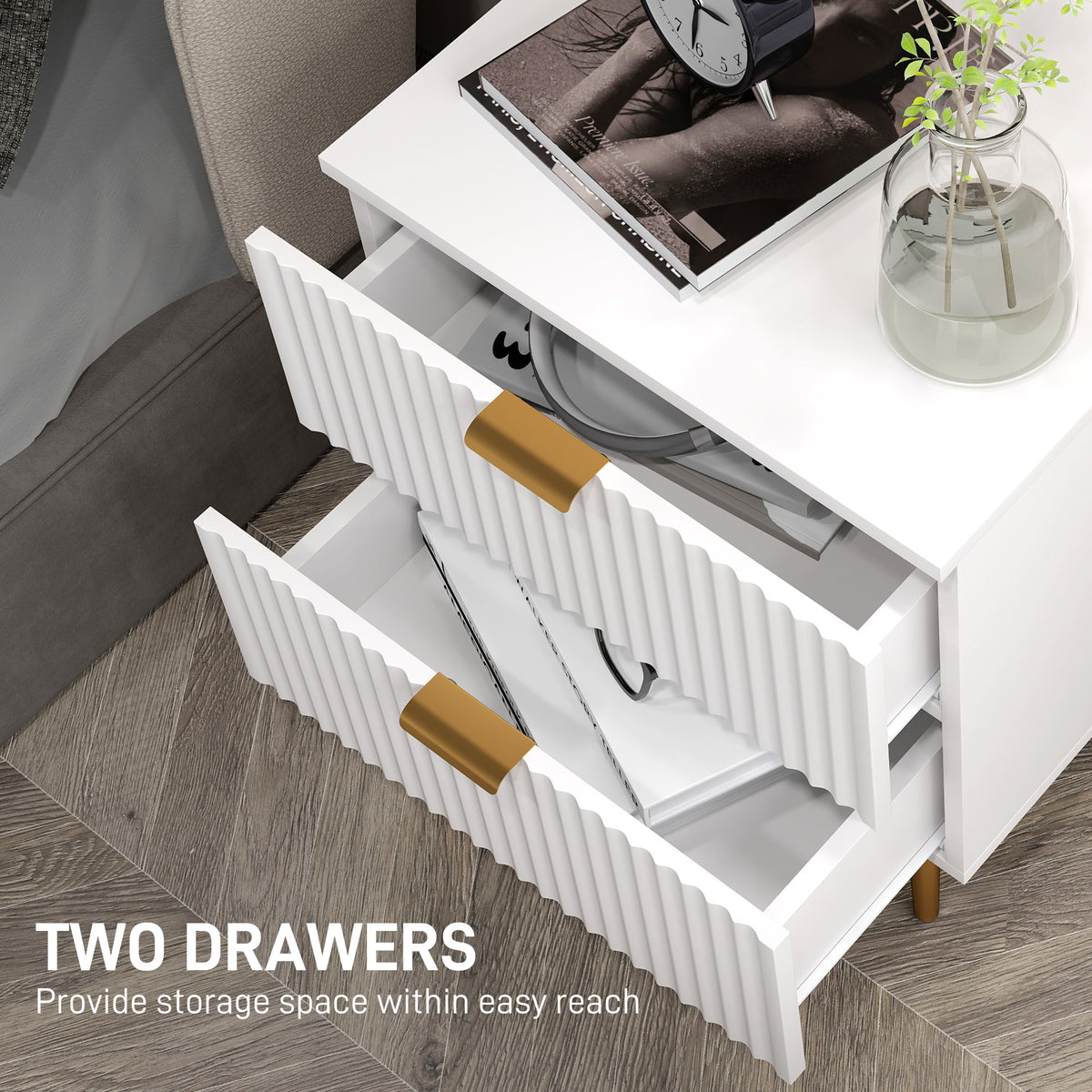 Modern 2-Drawer Nightstand with Metal Legs – 19"W x 22"H