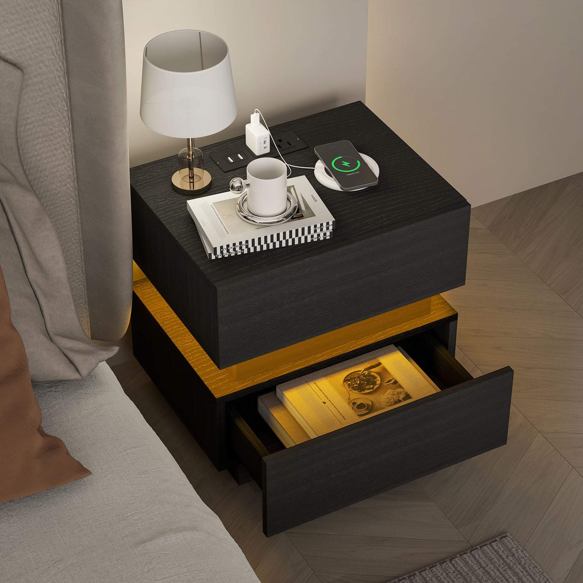 HOMCOM Modern Black Nightstand: LED Light, Charging Station, USB Ports, AC Outlets