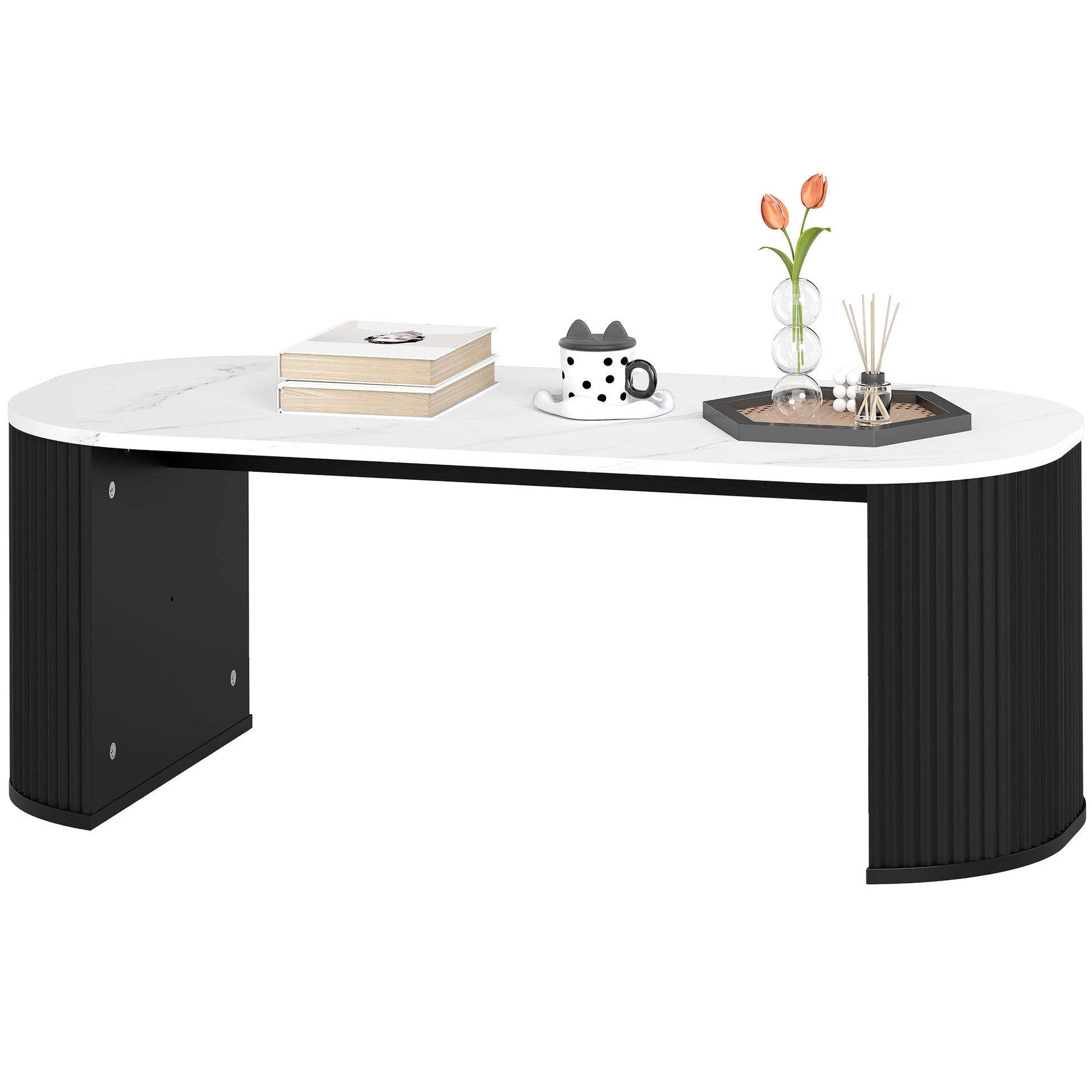 HOMCOM Modern Marble-Effect Coffee Table, Rounded Corners, Thick Black Legs