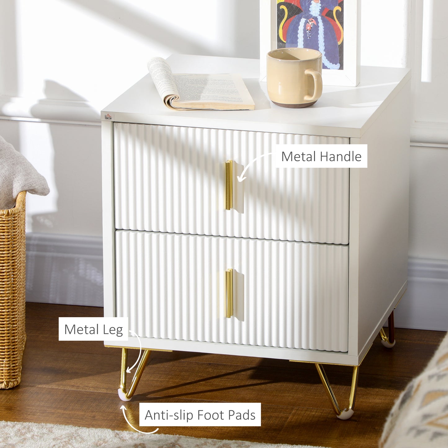 Modern White Nightstand Bedside Table with 2 Storage Drawers, Gold Metal Legs