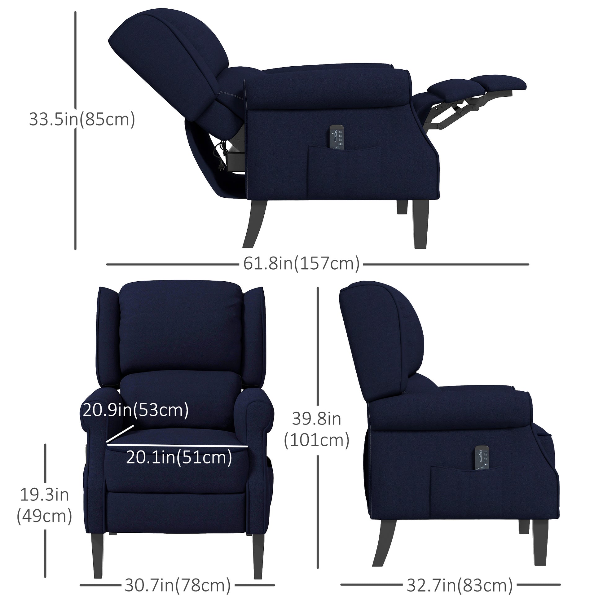 HOMCOM Blue Push Back Recliner Chair with Vibration Massage & Footrest