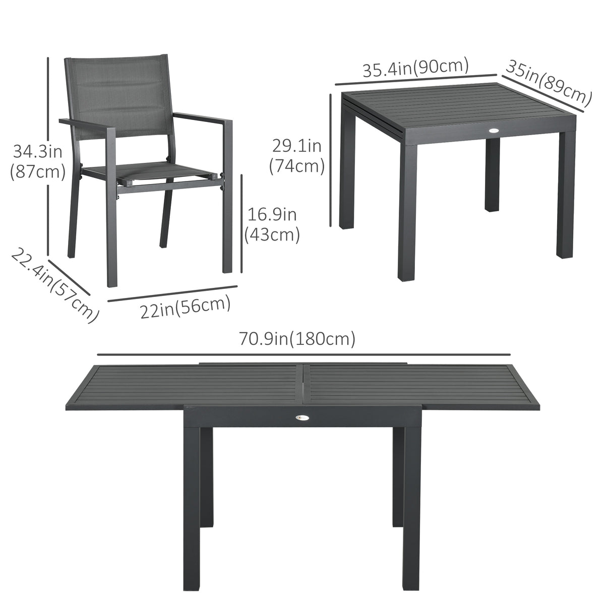 Patio Dining Set for 6, Aluminum Expandable Outdoor Table and 6 Stackable Chairs with Padded Back, Mesh Seat – Dark Grey