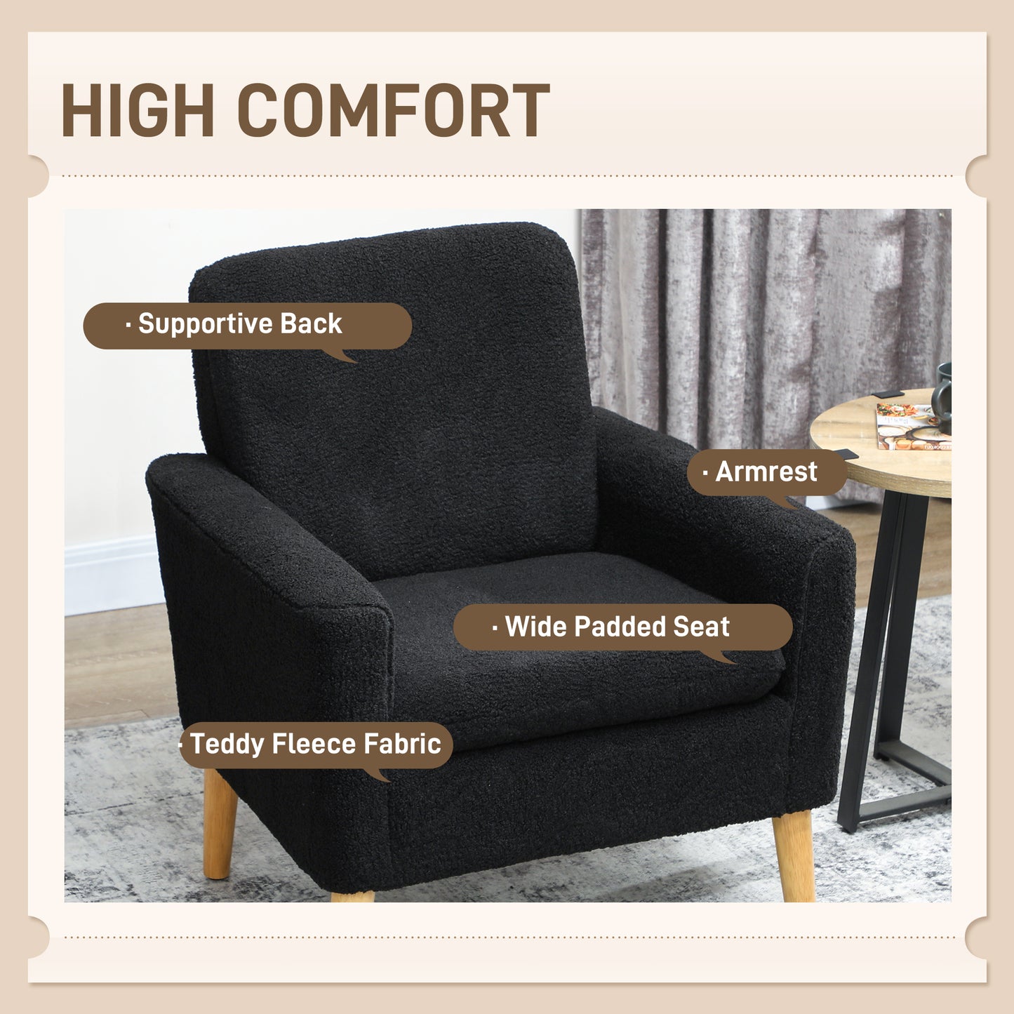 HOMCOM Modern Upholstered Black Fabric Accent Chair with Wood Legs