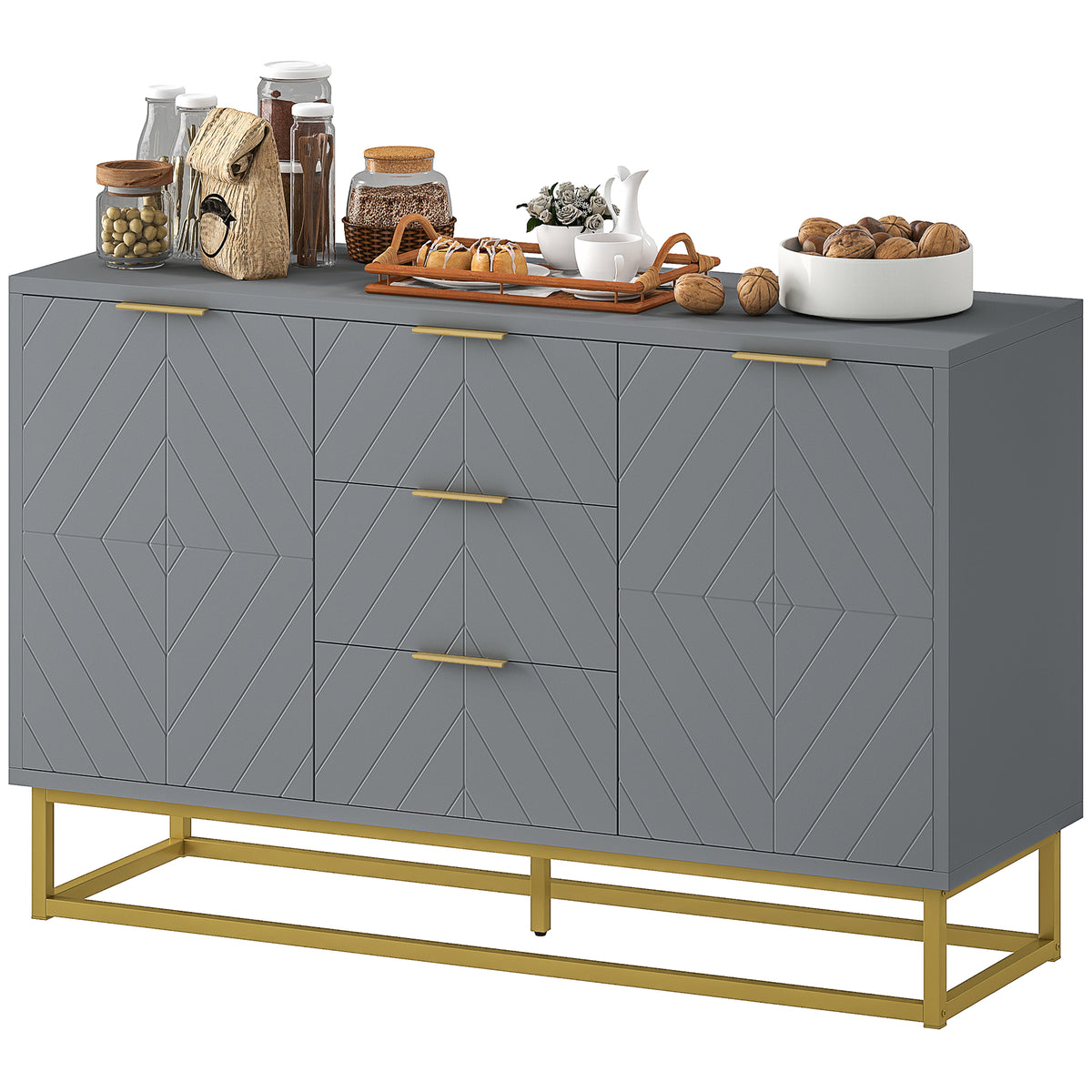 47" Sideboard with 3 Drawers and Gold Base, Grey