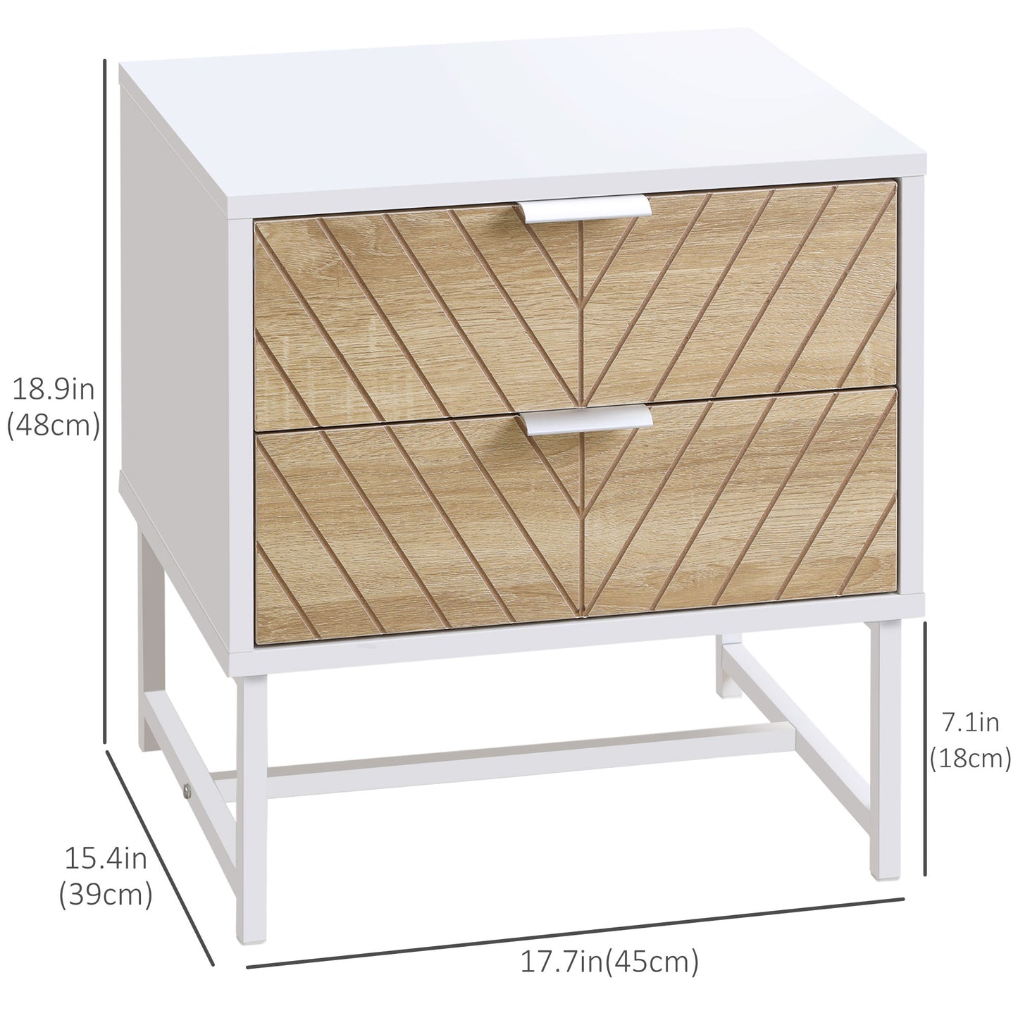 Modern White Oak Bedside Table with 2 Drawers, Steel Frame, 45cm Wide Nightstand