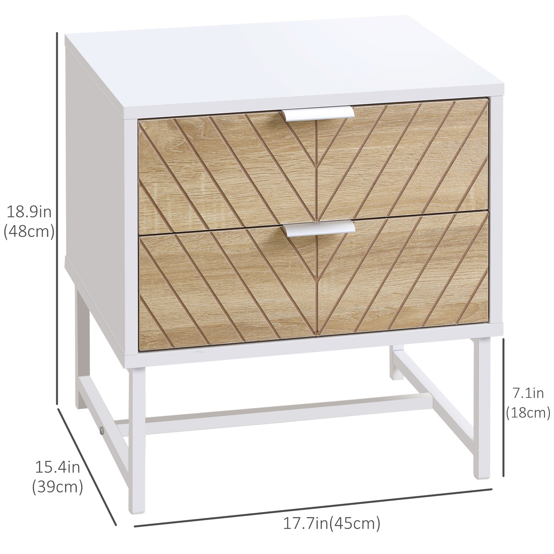 Modern White Oak Bedside Table with 2 Drawers, Steel Frame, 45cm Wide Nightstand