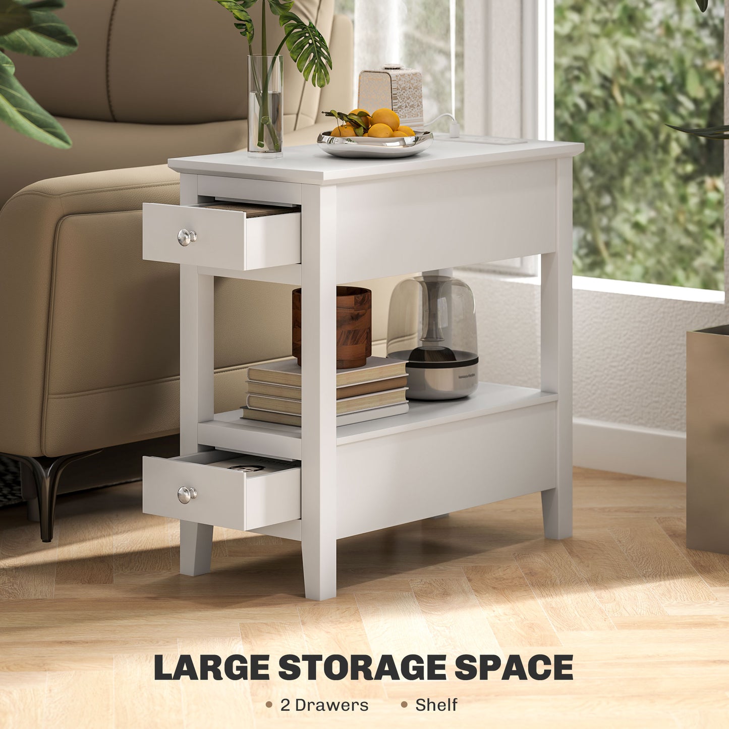 HOMCOM Modern Narrow Side Table with Charging Station USB Ports Storage Drawers