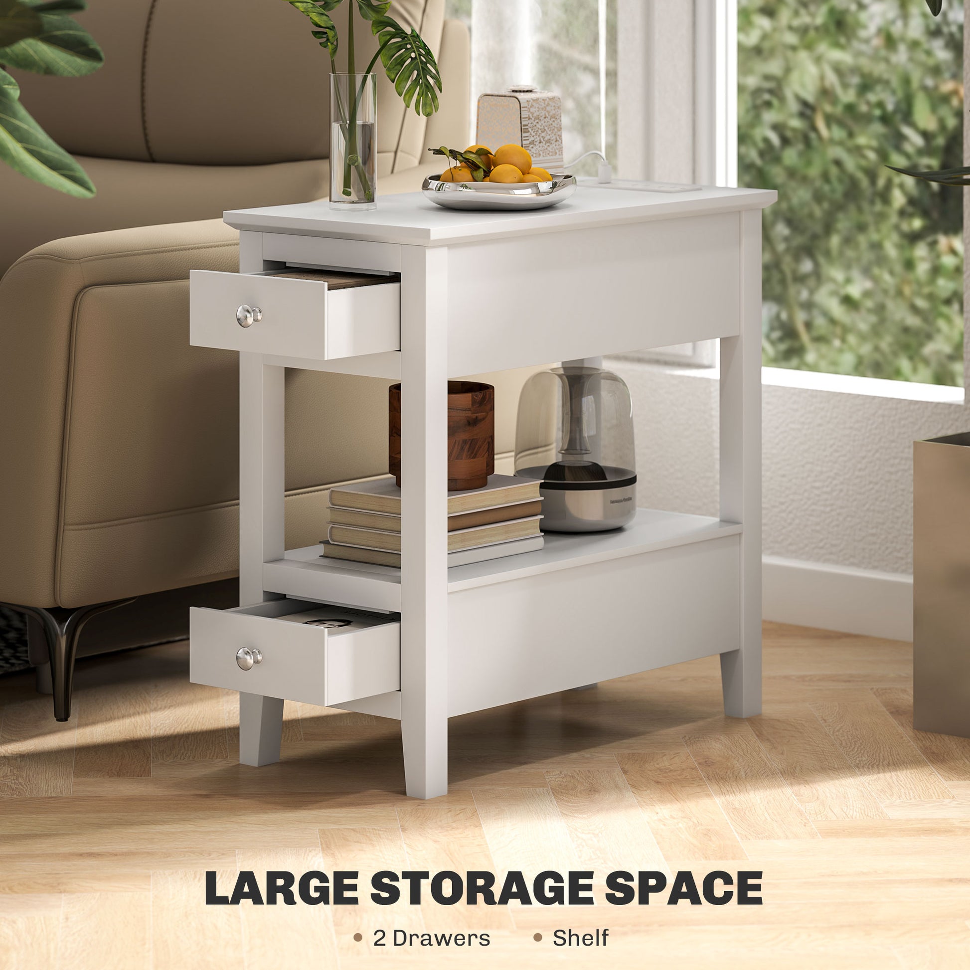 HOMCOM Modern Narrow Side Table with Charging Station USB Ports Storage Drawers