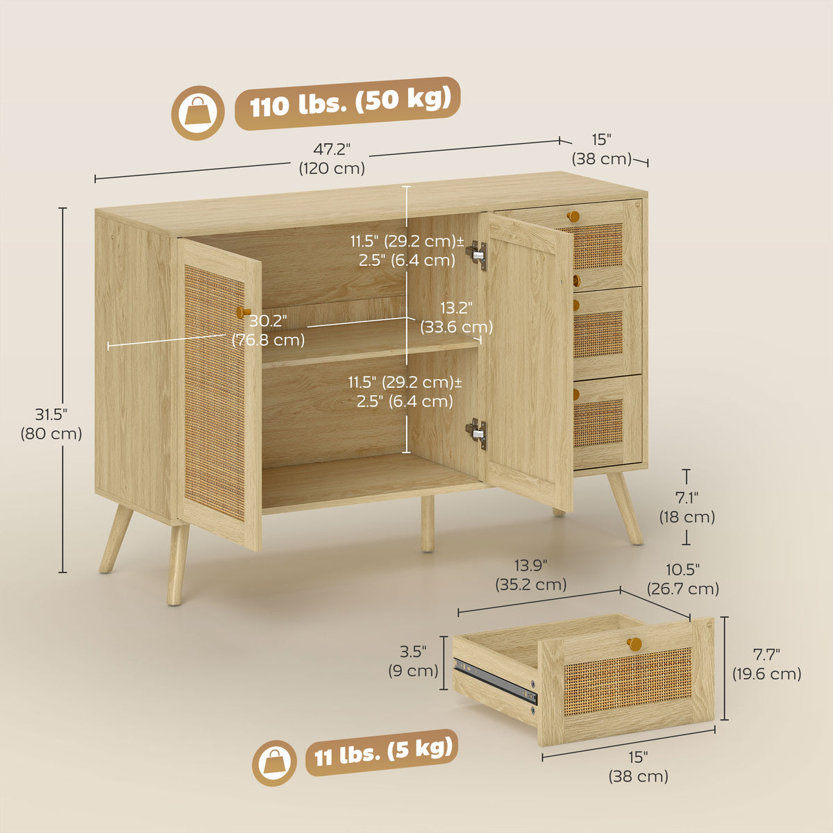 Buffet Cabinet with Soft-Close Doors – 47"W x 32"H