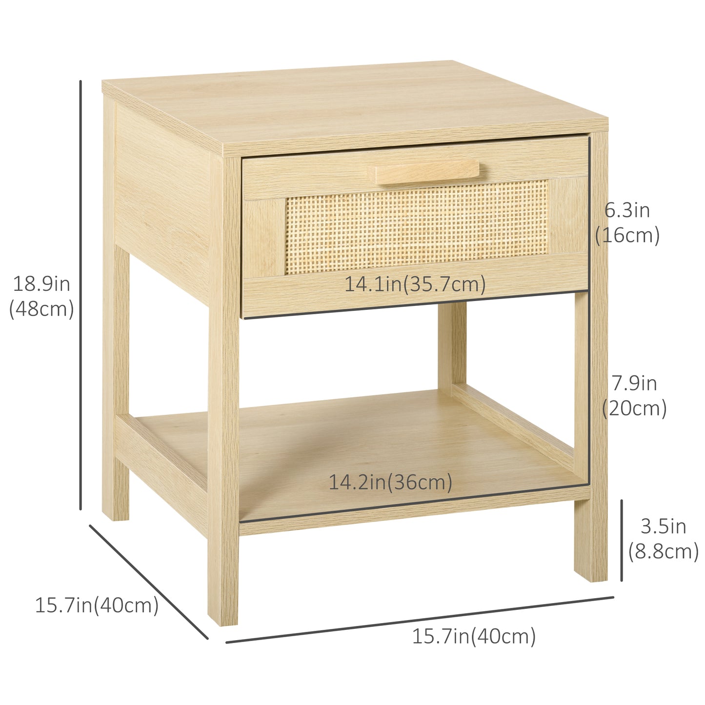 HOMCOM Natural Rattan Nightstand: Modern Bedside End Table with Storage