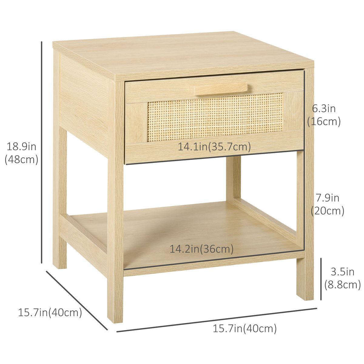 Narrow Rattan Nightstand with Drawer and Shelf – 16"W x 19"H