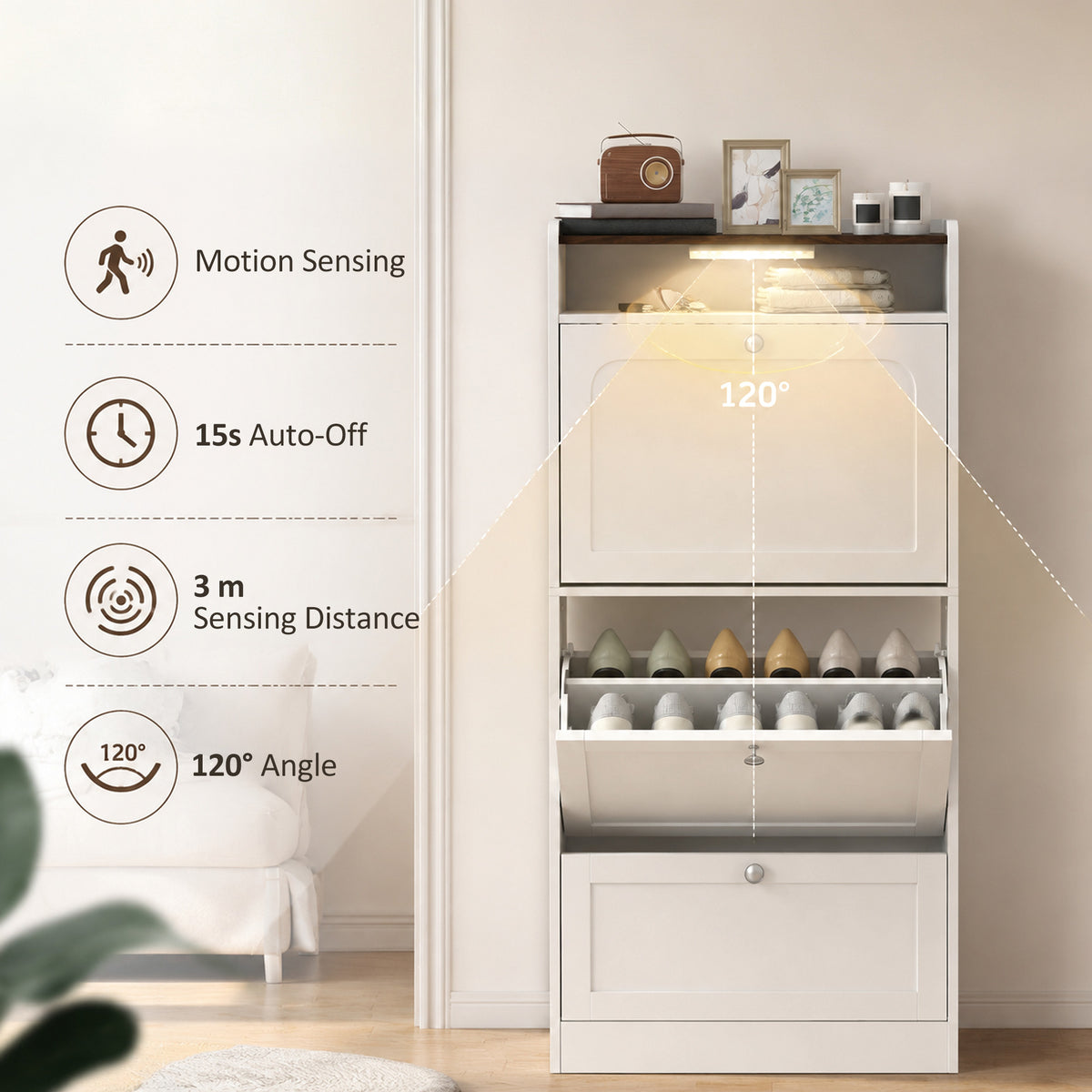 Shoe Cabinet with 3 Flip Drawers and Sensor Light – 24"W x 54"H