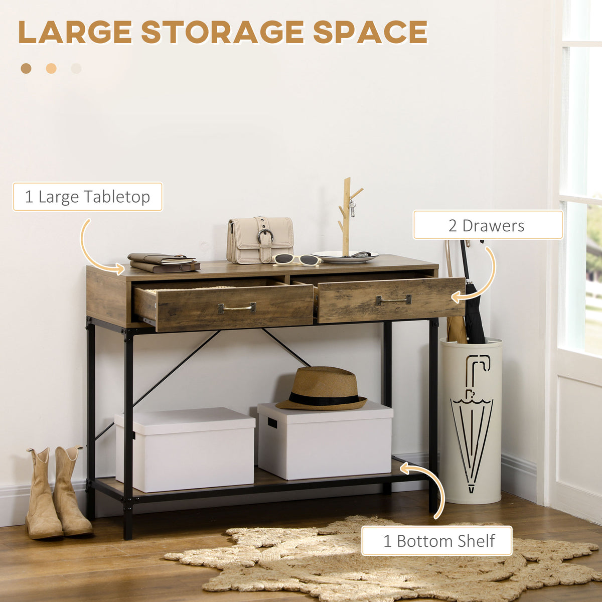 39" Vintage Console Table with Drawers & Storage Shelf